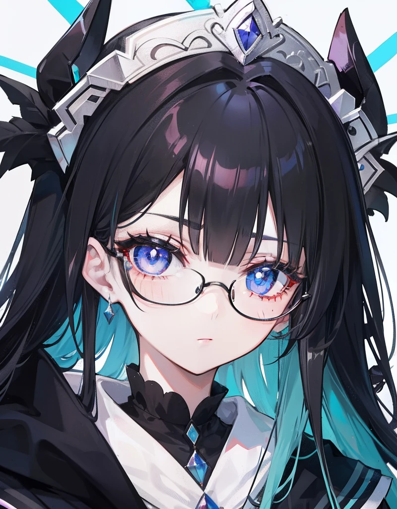 with dark hair and glasses,Powder-blue pupils,Clothes in black and white color,Vermilion threads interweave background,She is a very cunning royal sister goddess