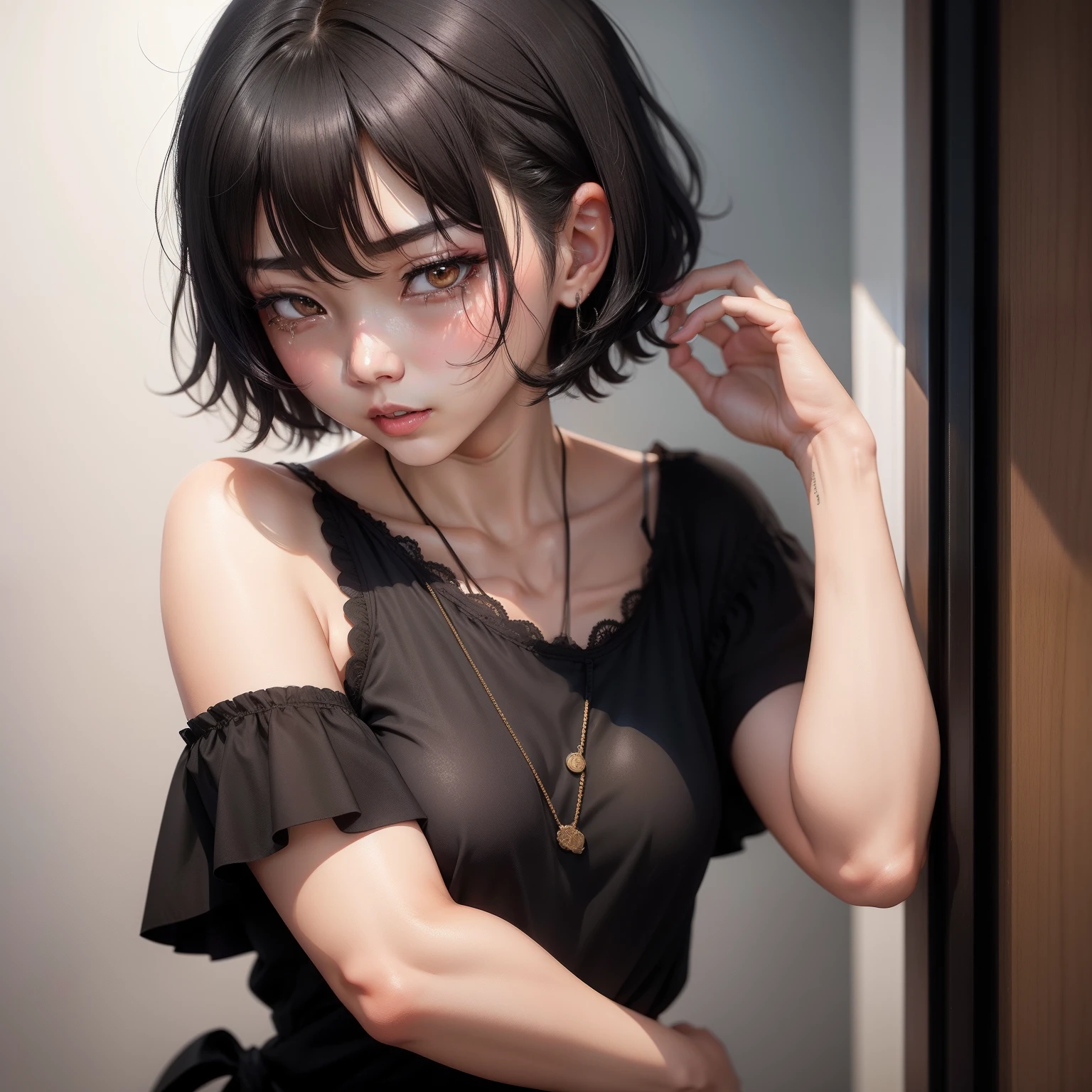 black hair shorthair, お漏らし, Crying face