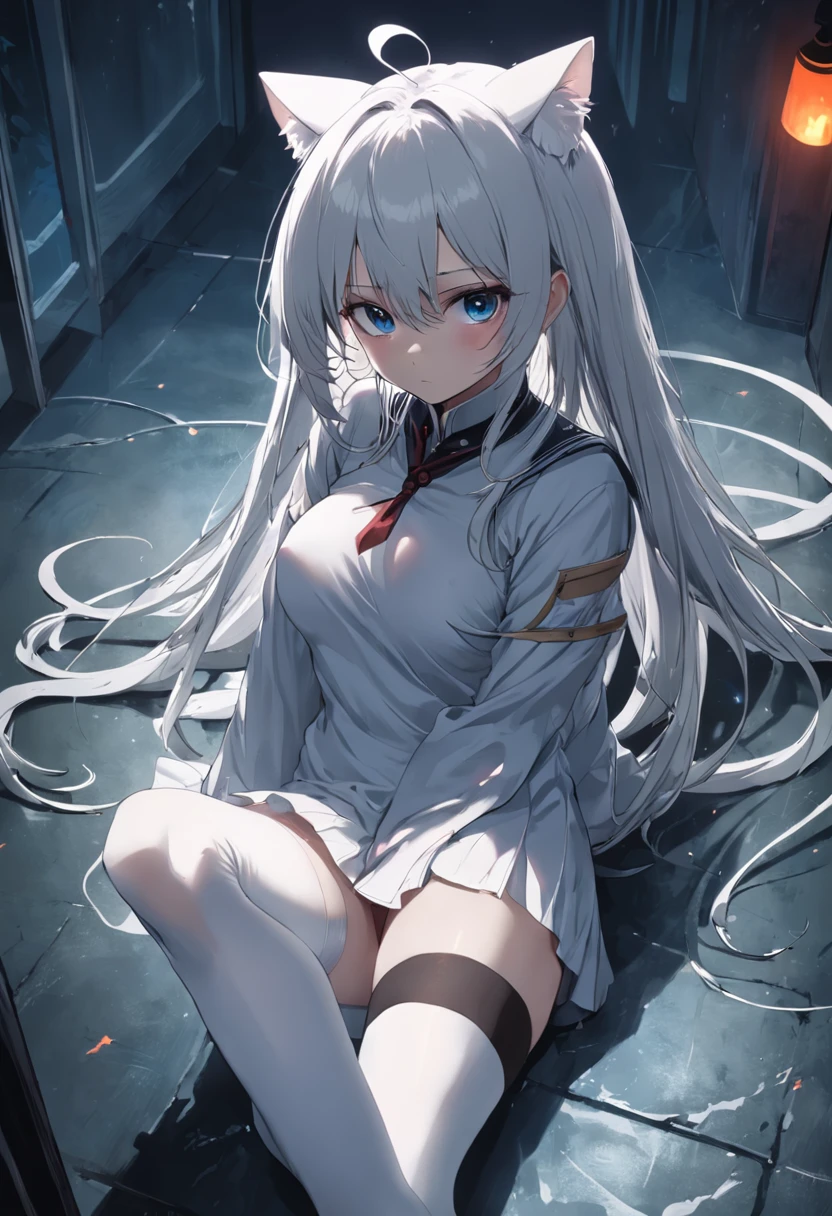Dark, damp corners,unhelpless,White stockings,whaite hair,Cat lady,dreariness,dimly lit,Being bullied,outside,weeping,First perspective