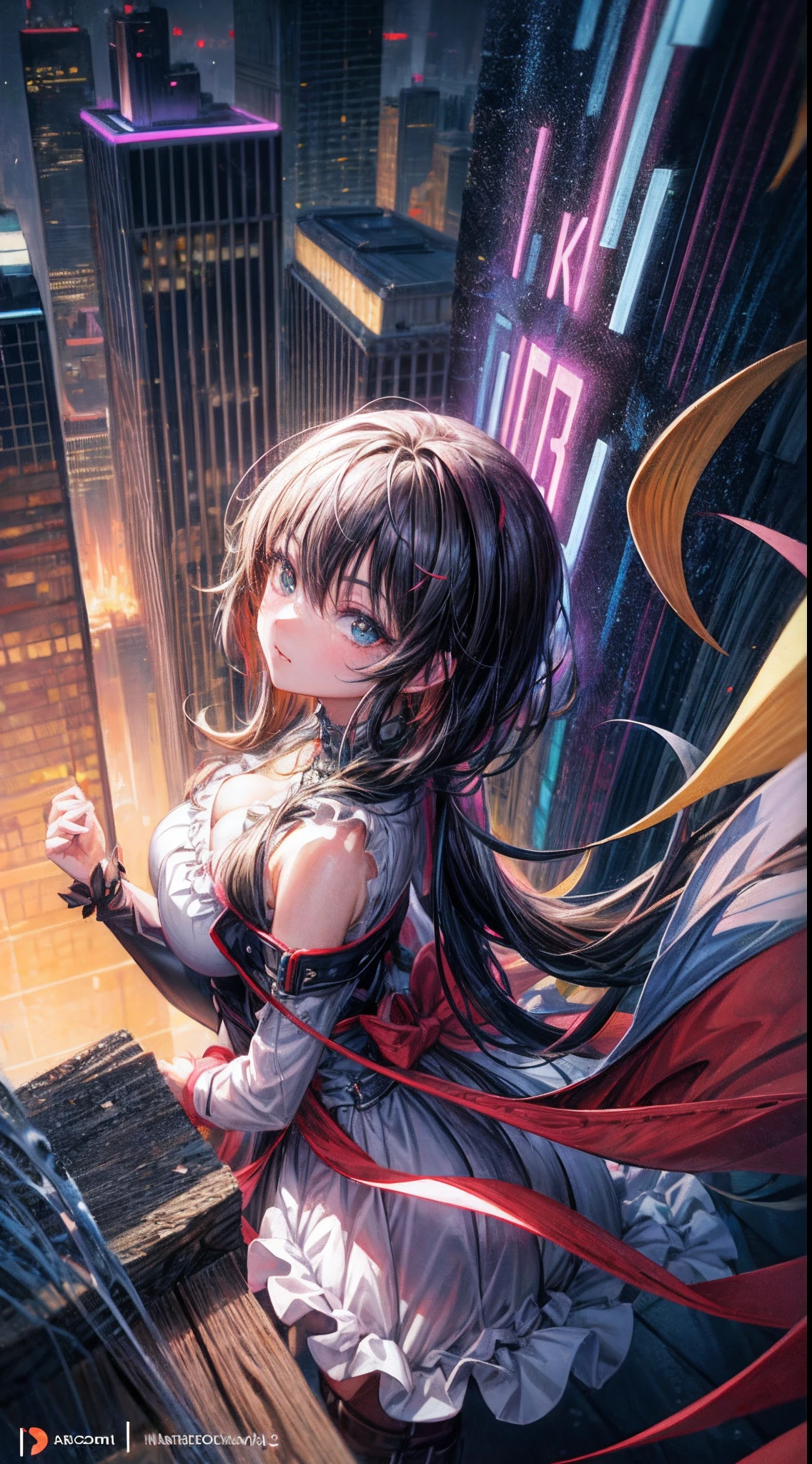 Anime girl looking at big city landscape from a height,Near Future City、 makoto shinkai cyril rolando, anime art wallpaper 4k, anime art wallpaper 4k, Anime art wallpaper 8k, inspired by Cyril Rolando, in the style dan mumford artwork, amazing wallpapers, by Yuumei