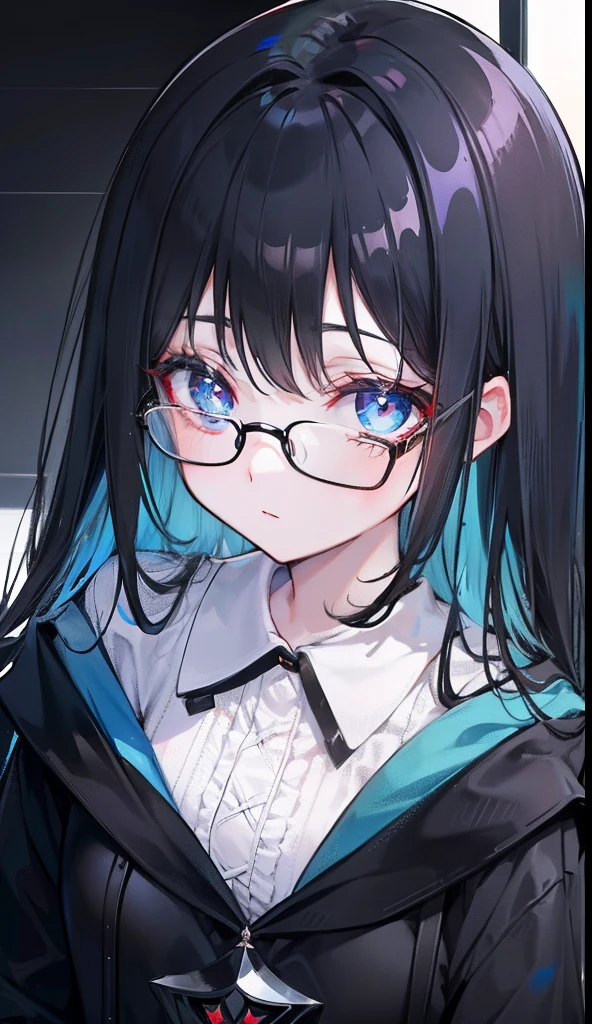 with dark hair and glasses,Powder-blue pupils,Clothes in black and white color,Vermilion threads interweave background,She is a very cunning royal sister goddess