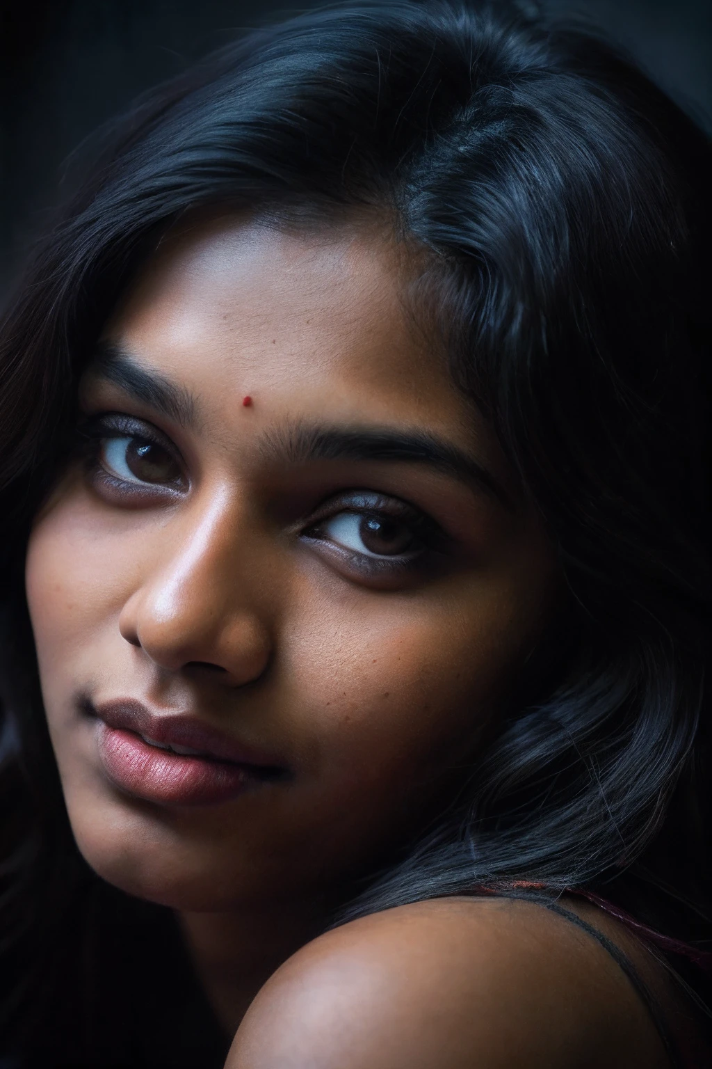 (close-up, editorial photograph of a 21 year old Indian woman), (highly detailed face:1.4) (smile:0.7) (background inside dark, moody, private study:1.3) POV, by lee jeffries, nikon d850, film stock photograph ,4 kodak portra 400 ,camera f1.6 lens ,rich colors ,hyper realistic ,lifelike texture, dramatic lighting , cinestill 800,