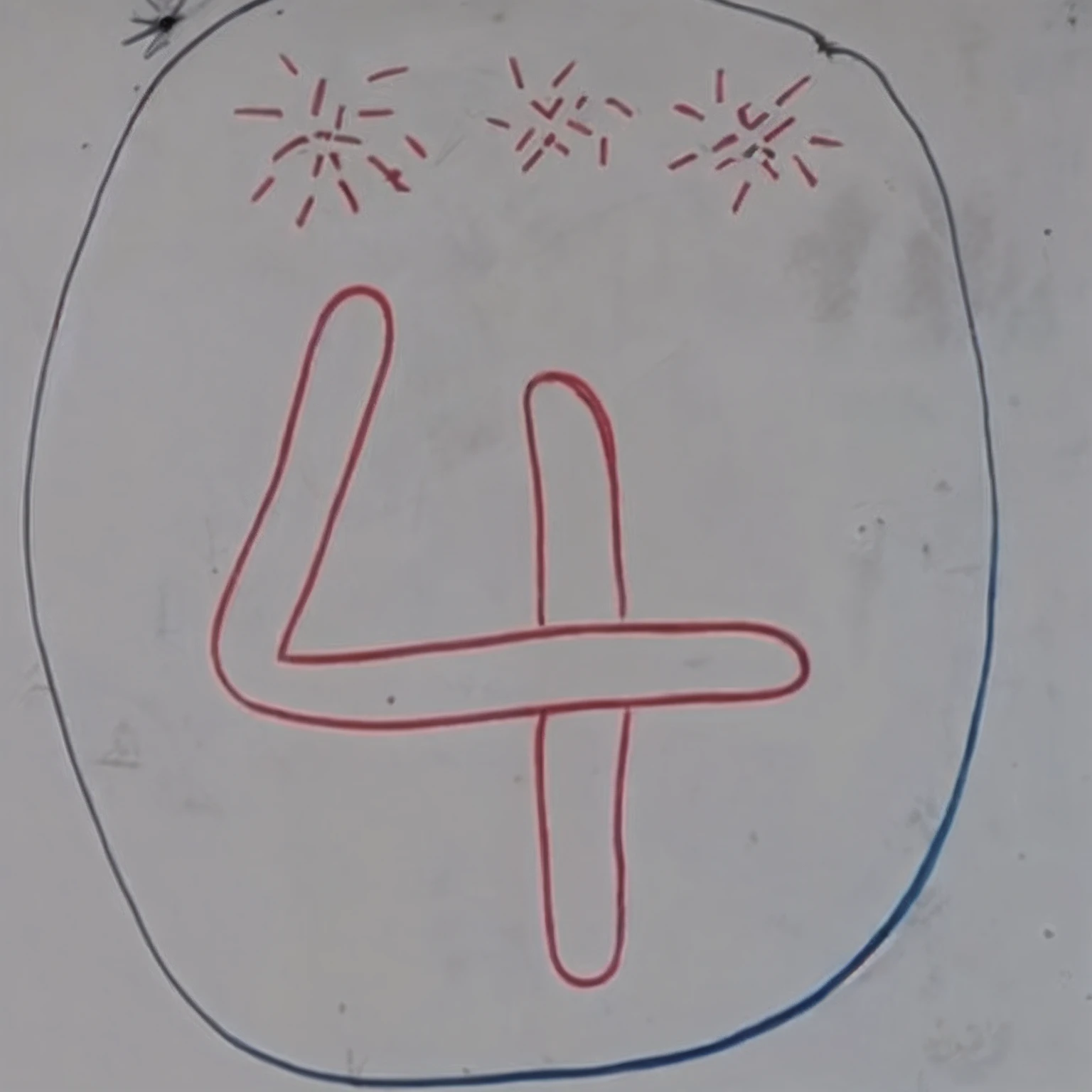 Close-up of the number four on the whiteboard, ancient symbol behind it, Strange symbols are lined up on the walls, ND 4, ND4, 4 year old, Four years old, - n 4, -n 4, -n4, badly drawn, inscribed with occult symbols, Graphic markup, glagolitic glyph, a child's drawing