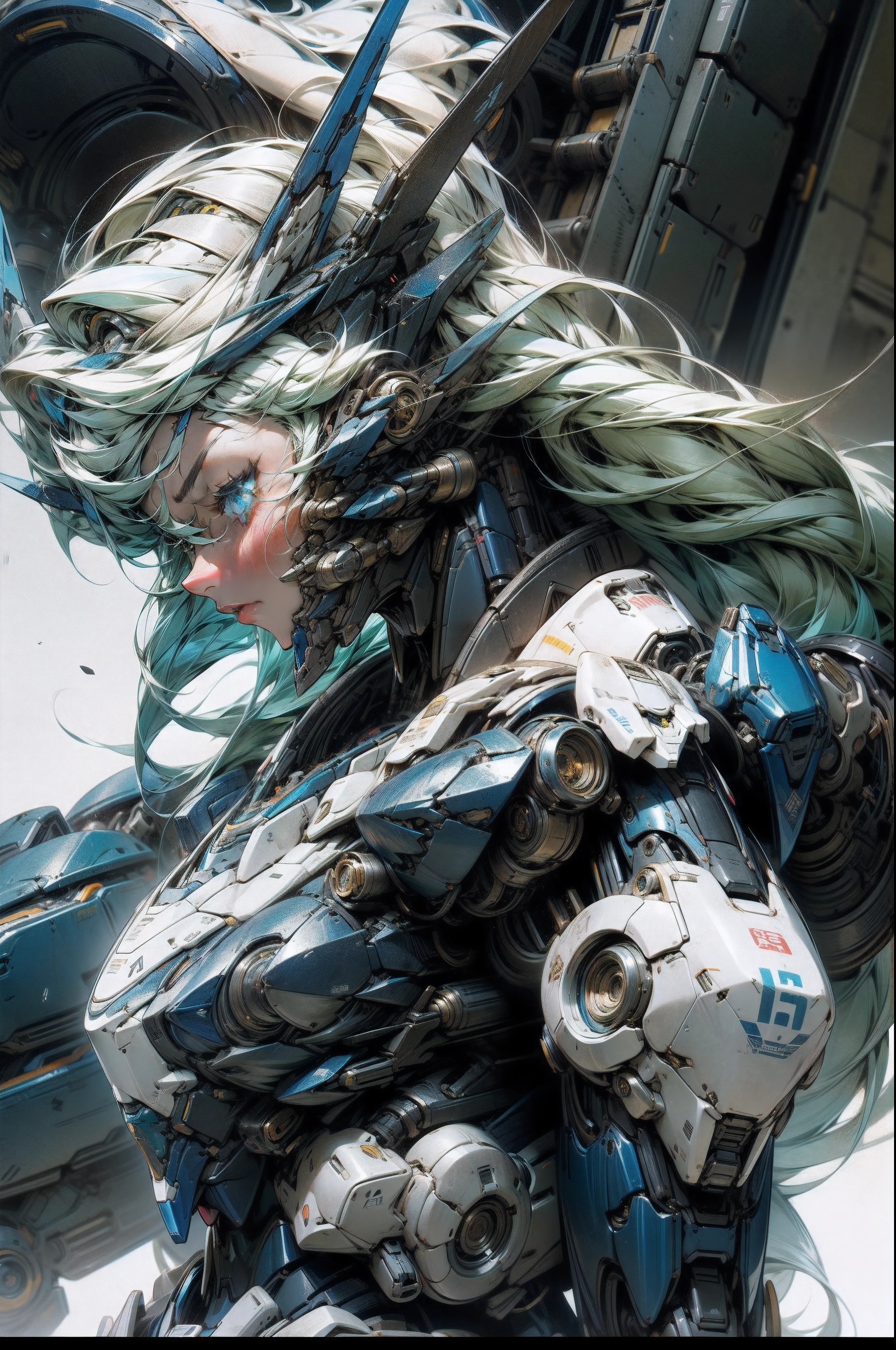 a close up of a woman in a blue and white outfit holding a large robot, anime mecha aesthetic, girl in mecha cyber armor, streamlined blue armor, armor girl, mecha asthetic, anime robotic mixed with organic, slick blue armor, cyberpunk anime girl mech, detailed anime artwork, mechanized valkyrie girl, female mecha, white hair, long hair, gun laser