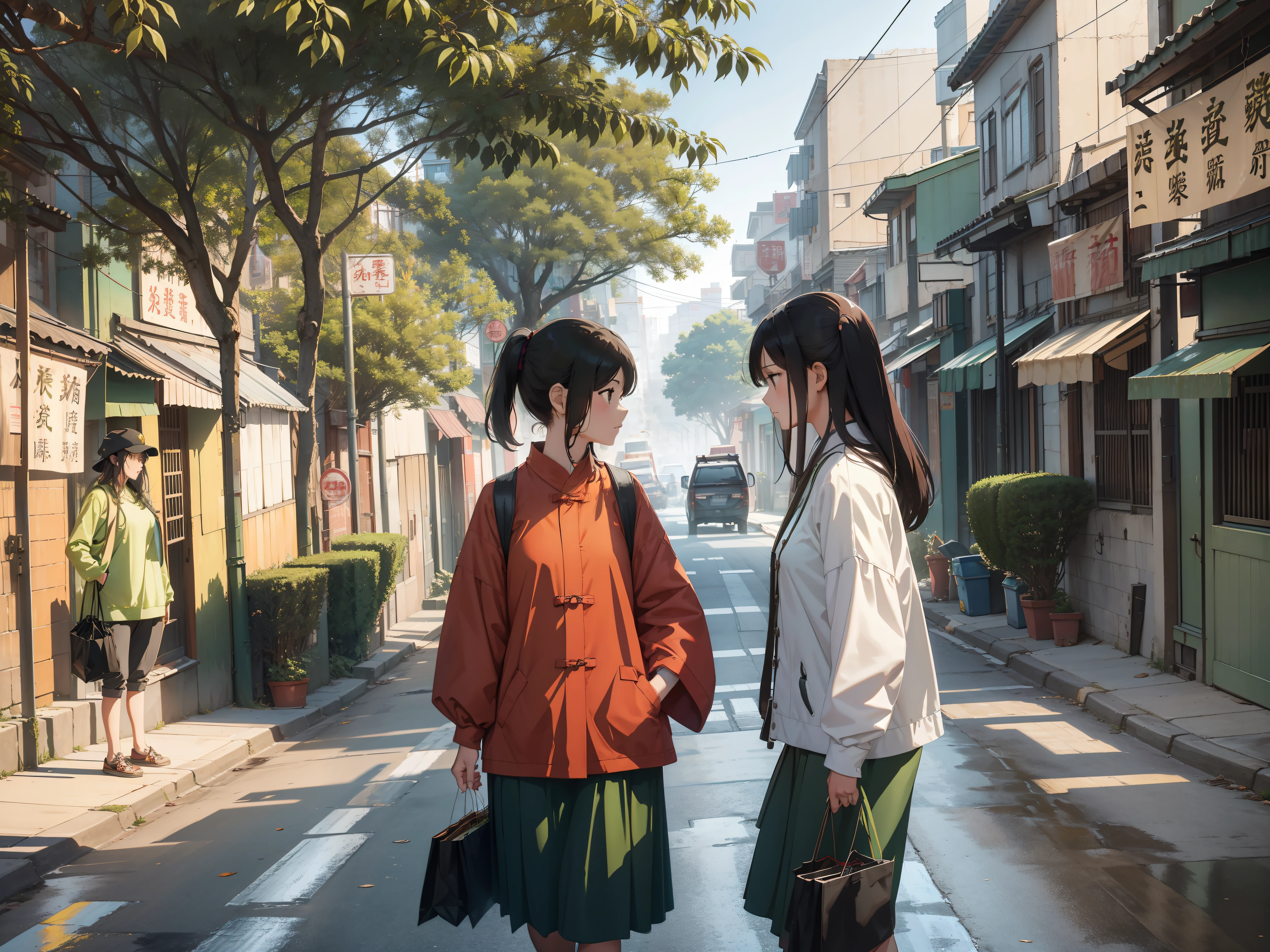Two women walking on the sidewalk，Pass by a green truck and a tree, standing in township street, standing in a township street, in city street, Have on the street, in a narrow chinese alley, nanquan, Lady, people shopping, interesting angle, In the street, woman holding another woman, which stands on the street, walking at street