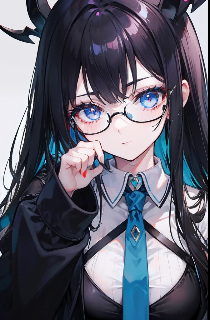 with dark hair and glasses,Powder-blue pupils,Clothes in black and white color,Vermilion threads interweave background,She is a very cunning royal sister goddess