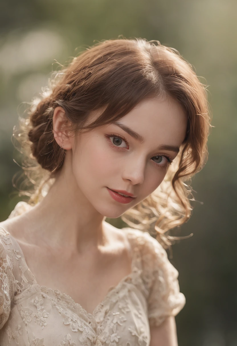 Twenty years old,Temperamental girl,Natural curls,mid - length hair,largeeyes,tall nose bridge,Light smile,Vintage earrings,shift dresses,Bust photo,Disney Pixar style,a sense of atmosphere,Super HD