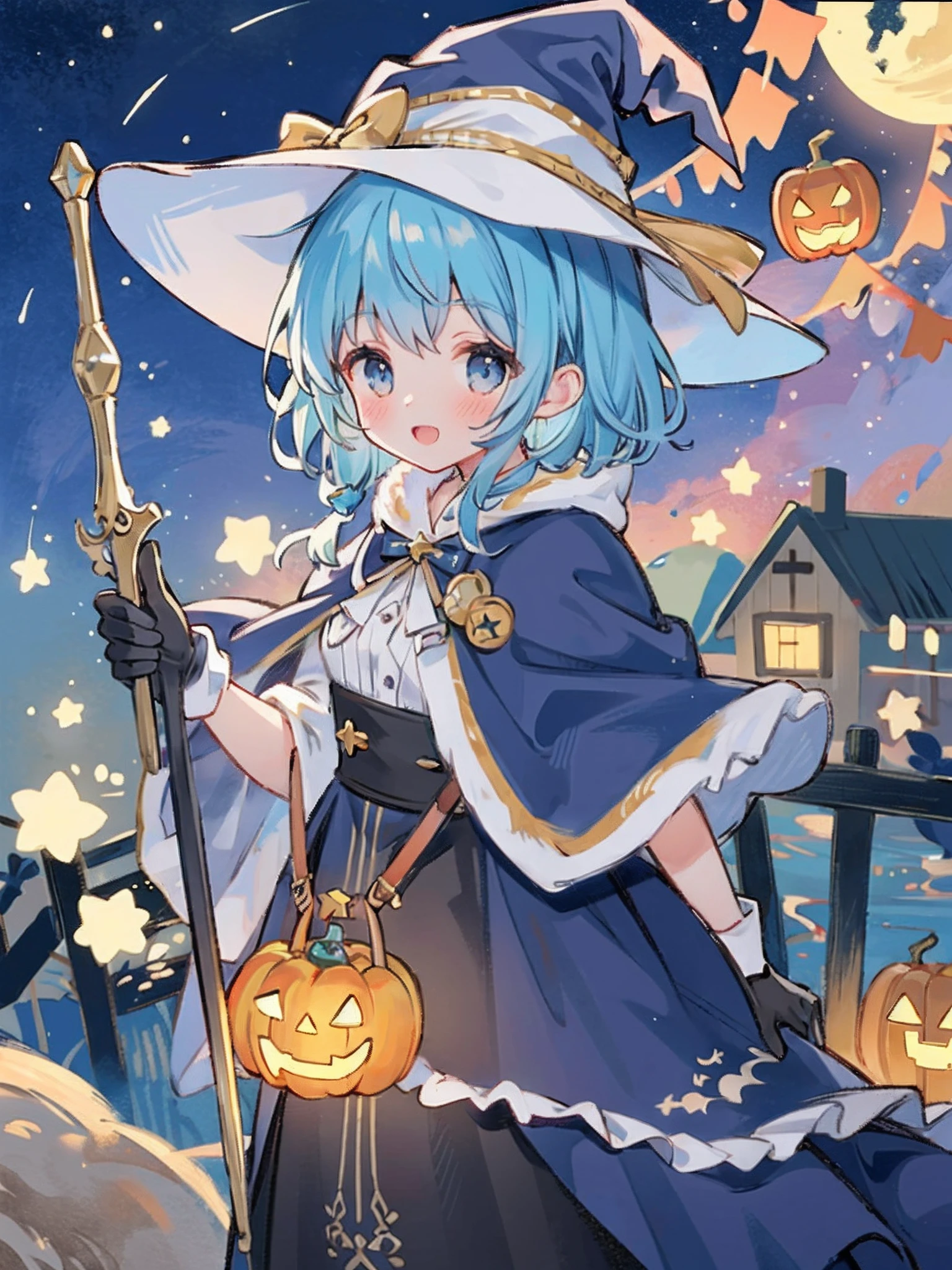 ((masterpiece:1.2, best quality)), 1girl, solo, (witch hat), a close up of a girl with curl hair, short hair, dress, aurora, night, star (sky), gloves, sky, dress, night sky, open mouth, starry sky, light blue eyes, ribbons, smile, cape, blue hair, magic, casting spell, night, (impressionism:1.4), alphonse mucha, Halloween colors, colorful candy
