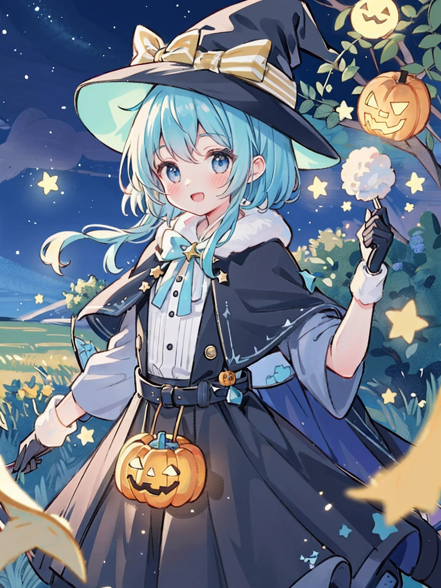 ((masterpiece:1.2, best quality)), 1girl, solo, (witch hat), a close up of a girl with curl hair, short hair, dress, aurora, night, star (sky), gloves, sky, dress, night sky, open mouth, starry sky, light blue eyes, ribbons, smile, cape, blue hair, magic, casting spell, night, (impressionism:1.4), alphonse mucha, Halloween colors, colorful candy