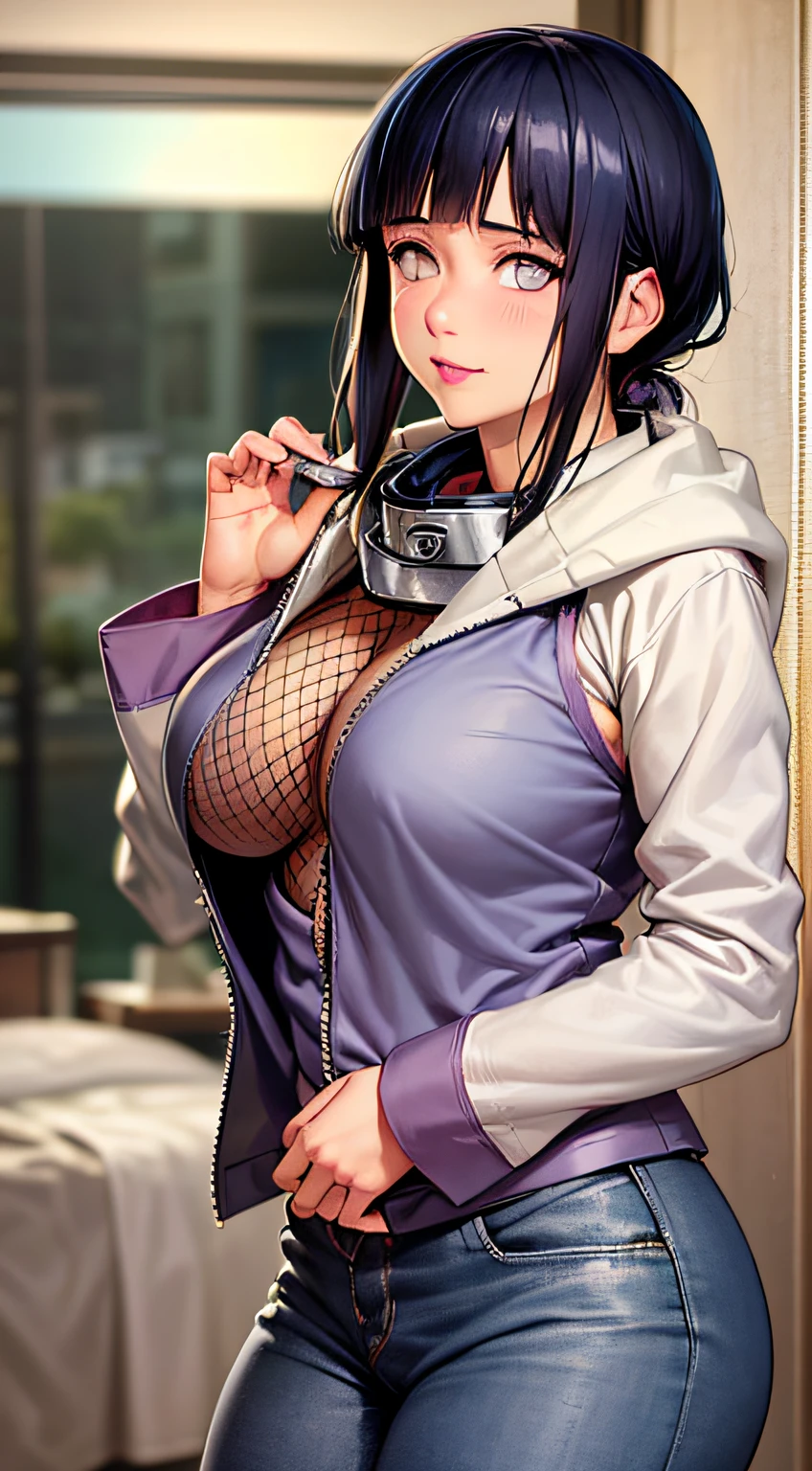 Masterpiece, highres, high Quality, detailed face, detailed body render, 1girl, solo, hyuuga hinata, hinata-sleeveless-outfit, big breast, sleeveless shirt, fishnet top, dark lips, unzipped jacket, no bra,  standing, blushes, (on bedroom)