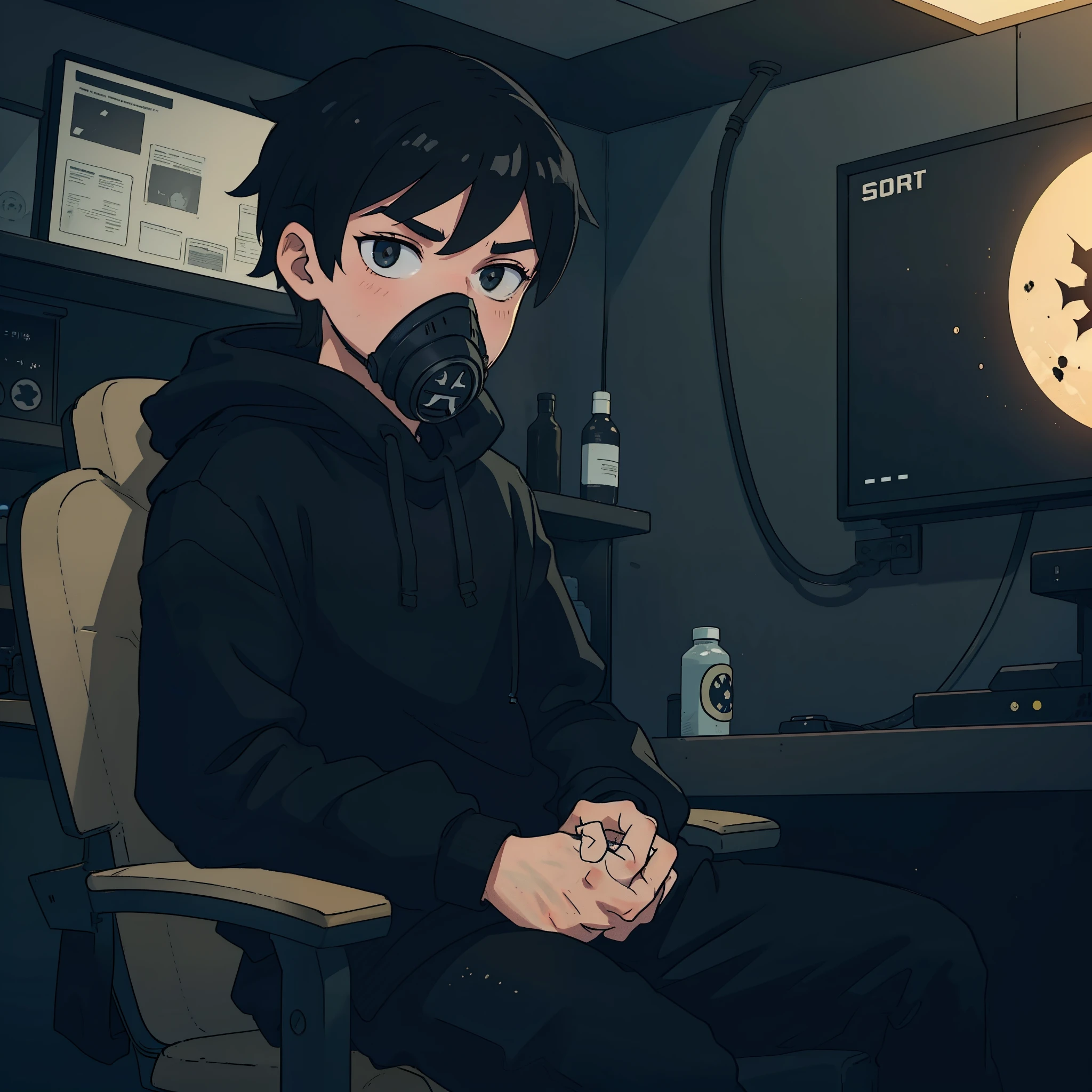 best qualityer，One was wearing a black sweatshirt，Boy with short black, bored expression，Sharp eyes，in gaming room ，sitting on chair, wearing a gas mask, gas is evaporating though gas mask, showing yo sign in fingers