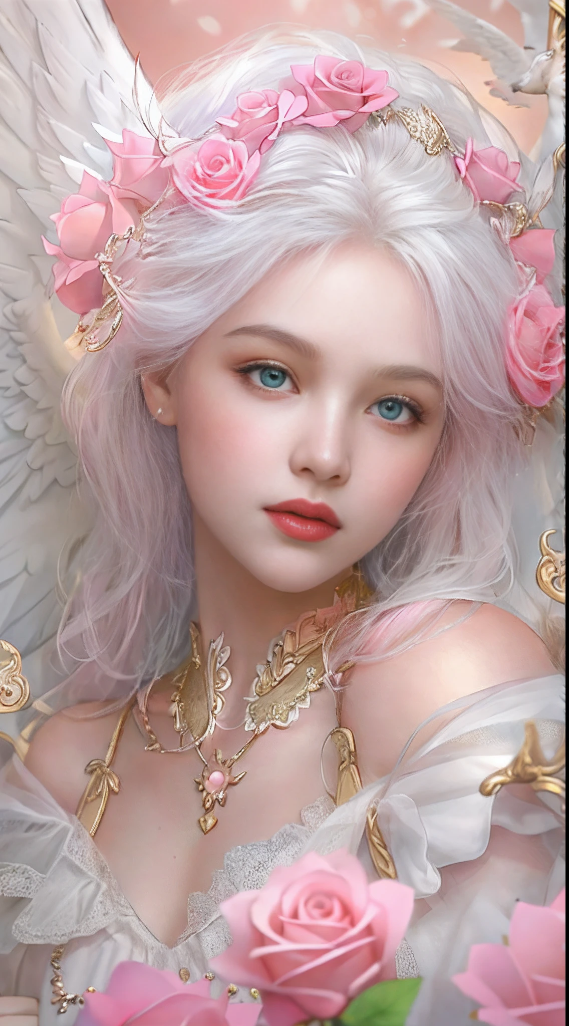 tmasterpiece,Angel surrounded by pink roses,Feathered wings,White dress,White hair,Bright golden eyes,softlighting,Beautiful,The face is clear,Fine strands of hair,higher details,Fantastic effects