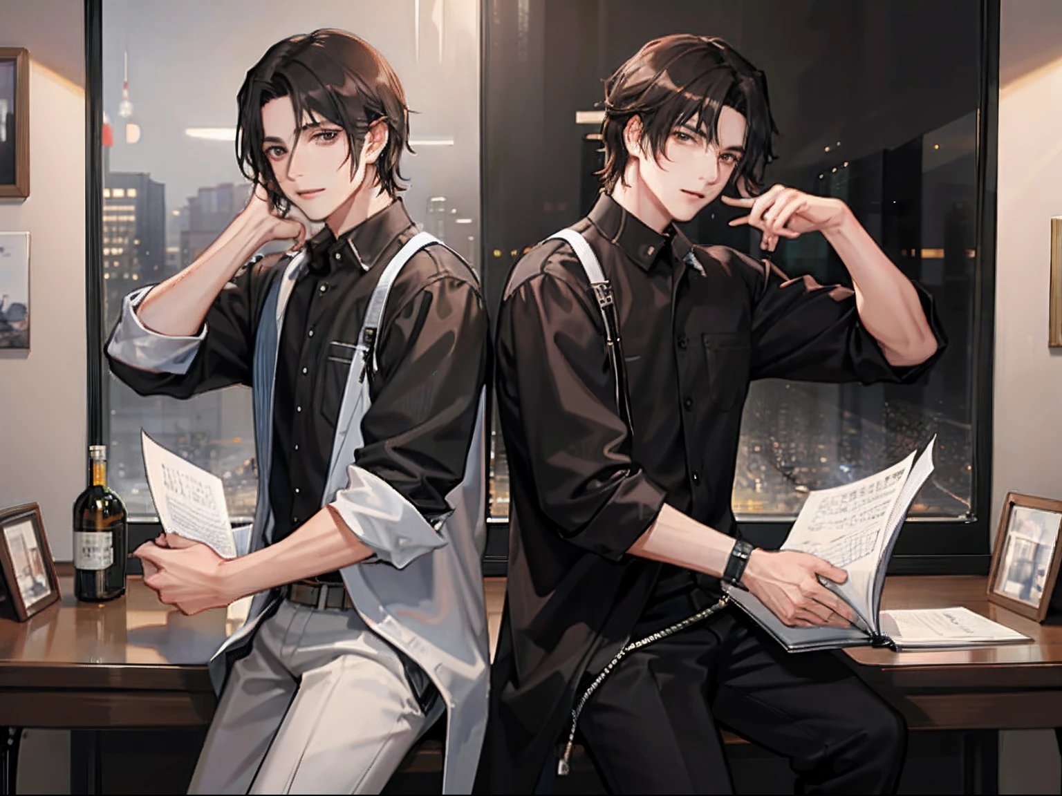 Two twin brothers (2 males) with brown eyes and black hair