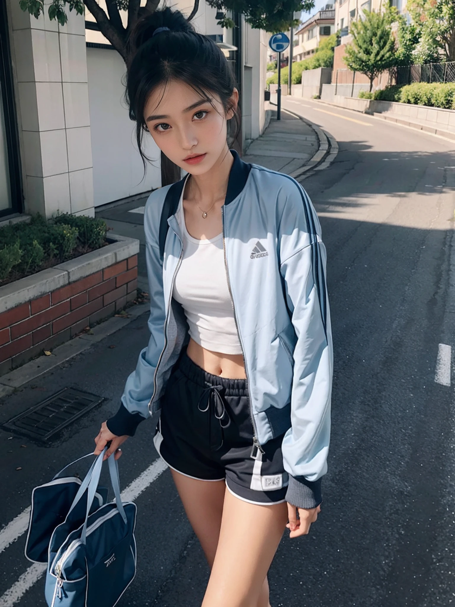 ((smallunderboob,Tomboyish,small heads)), (Well-defined abs: 1.1), (perfect bodies: 1.1), (short-length straighthair: 1.2), Black hair, upper body photos, attractive collarbone，（极其细致的CG 8k壁纸），（Extremely refined and beautiful），（tmasterpiece），（best qualtiy：1.0），（超高分辨率：1.0），beautiful light up，Perfect lightning，realistic shaded，[A high resolution]，Smooth and flawless fair skin，ultra - detailed ，Elongated legs，flatchest，Slim，emaciated，Short ponytail hair，The sleeve is a dark blue light blue jacket tracksuit top，grey vest，denim short，White sneakers，夏天，eventide，A sea of people，at the doorstep of a school，Outside the walls，are standing，outside，Tree-lined roadsides，Carrying a school bag，Close-up
