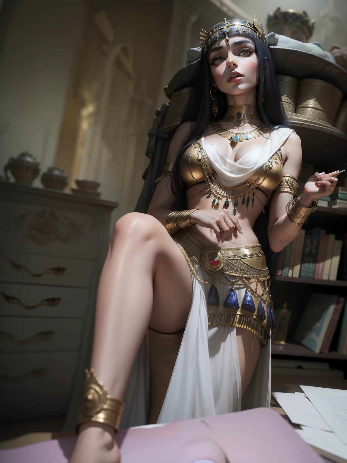Join the image of Cleopatra with the face of the photo, crie uma imagem realista sem ser um desenho. Nao deforme o rosto.