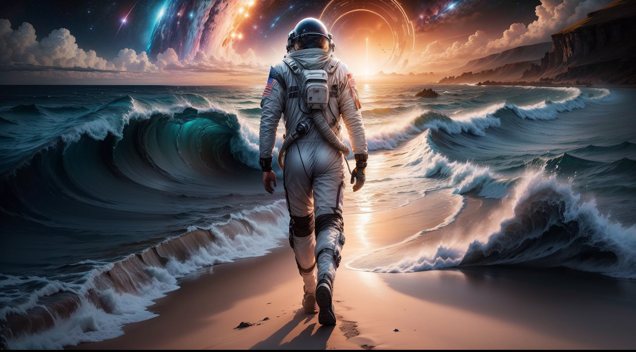 "Generate a visually stunning artwork in the style of interstellar movie. Depict 2 astronauts in space suits walking along the beach coast towards a mesmerizing black hole."