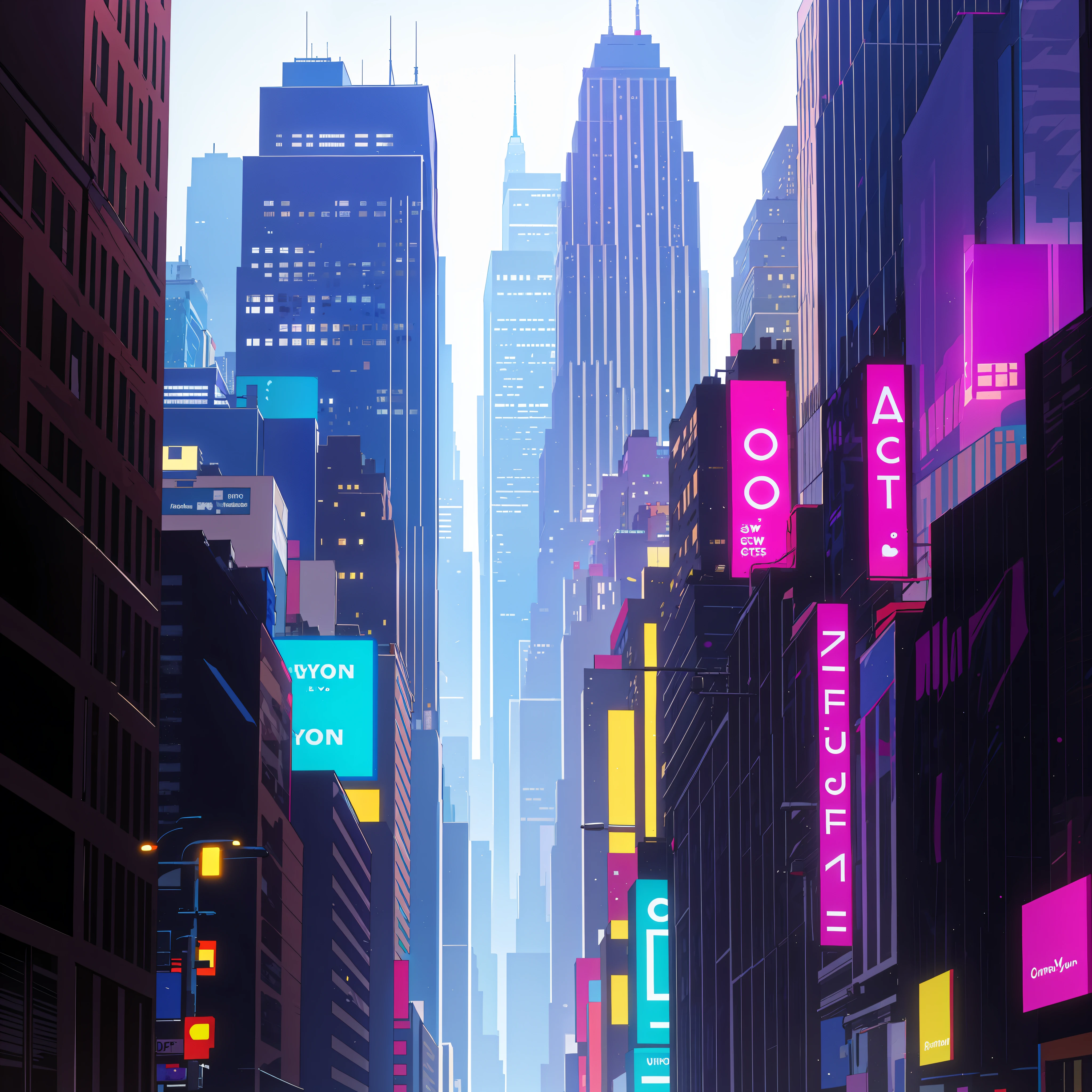 Comic style, masterpiece, best quality, New York City, buildings, urban. No character. No character. Use magenta and cyan colors