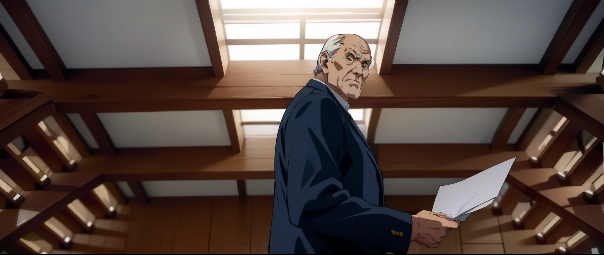 Anime scene, old man holding paper
