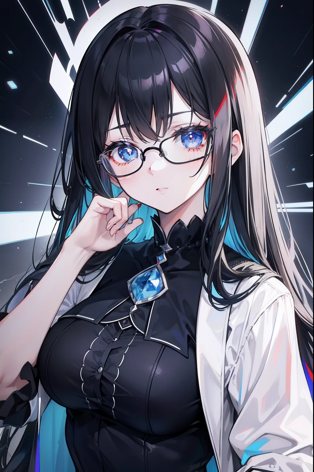 with dark hair and glasses,Powder-blue pupils,Clothes in black and white color,Vermilion threads interweave background,It is a very deceitful royal sister goddess