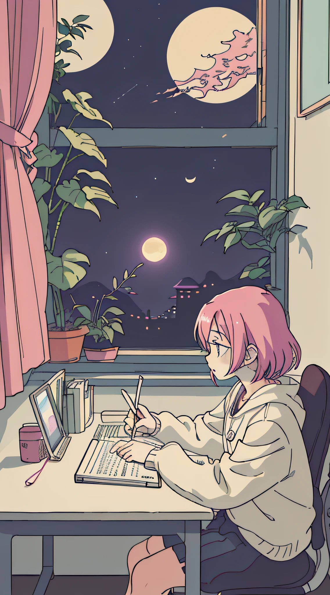 (masutepiece:1.5, Best Quality:1.5), ((Vaporwave Style, partially coloring)),In a cozy Japanese-style room, Girl studying diligently at desk alone,dim room,Stylish warm lighting, Coffee on the desk,I can see the moon from the window,Room decorated with plants