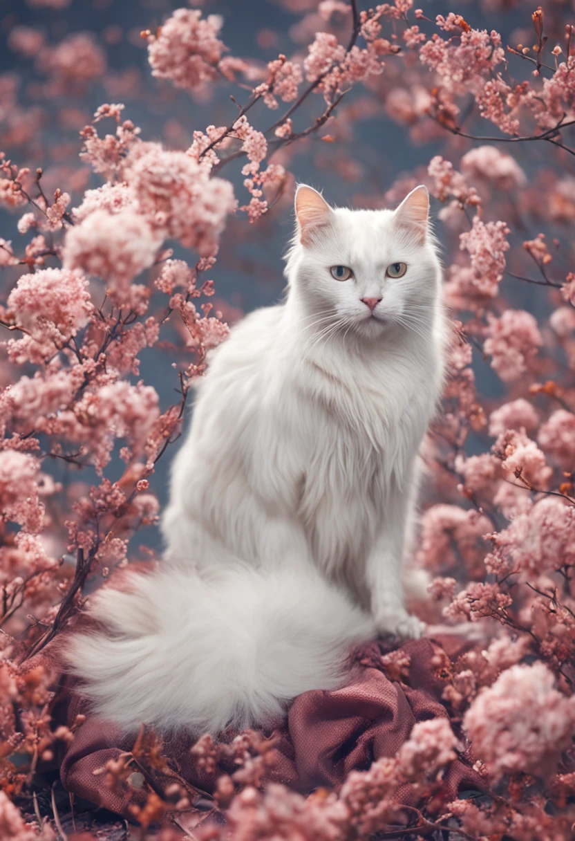 Collapsed white-haired cat lady in white silk