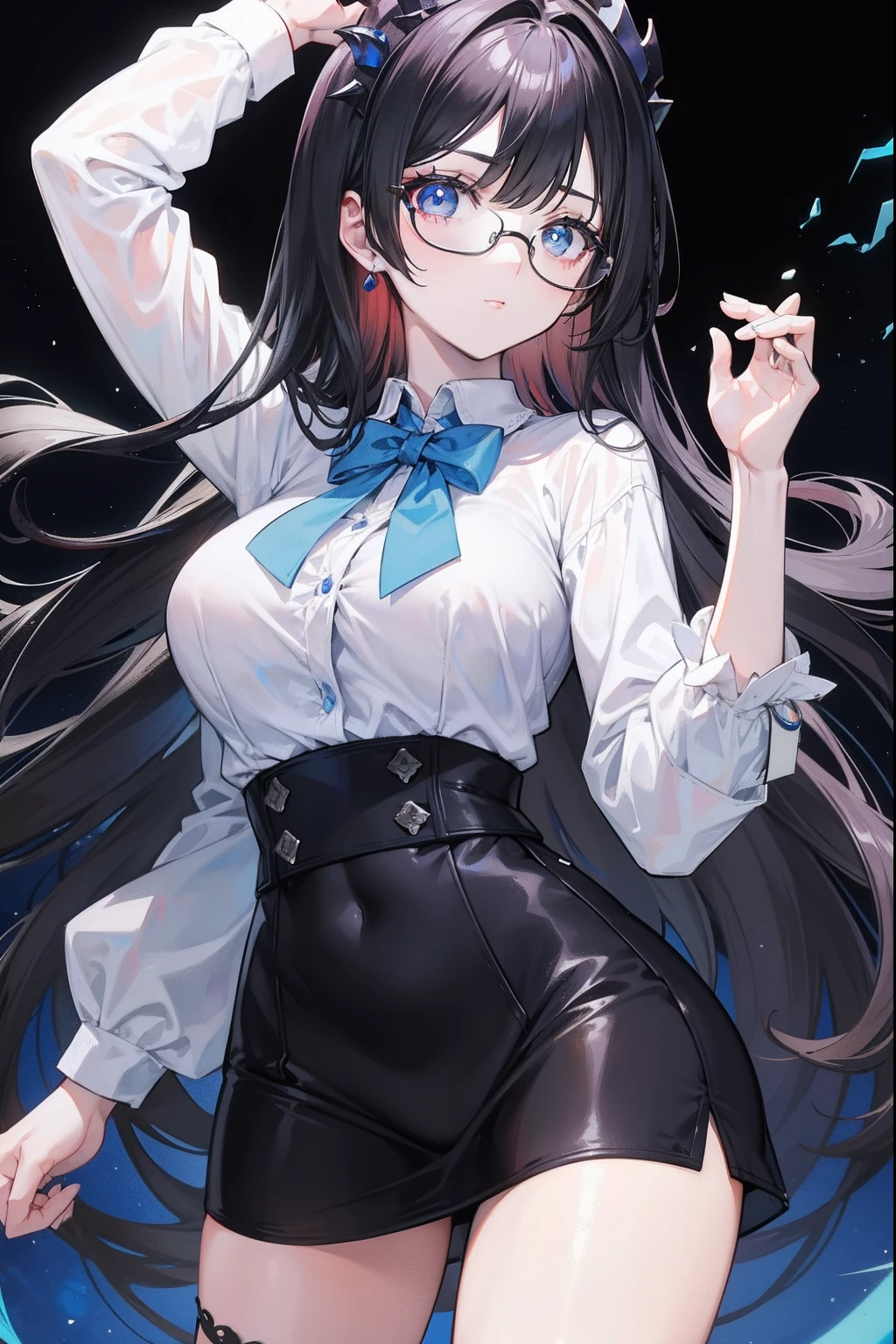 with dark hair and glasses,Powder-blue pupils,Clothes in black and white color,Vermilion threads interweave background,It is a very deceitful royal sister goddess