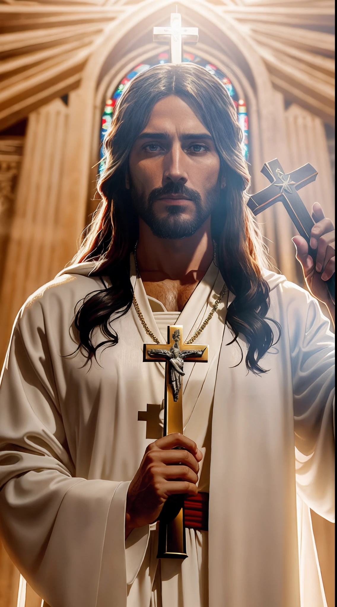 Close-up of a man holding a cross and a rosary, Jesus Christ, Portrait of Jesus Christ, dressed like jesus christ, 《Mass effect》in Jesus Christ, king of kings, Jesus of Nazareth, Jesus Christ blunt instrument, Cyberpunk Jesus Christ, Jesus wasted at the meeting, jesus face, author：Roman Bezpalkiv, the lord and savior, Jesus