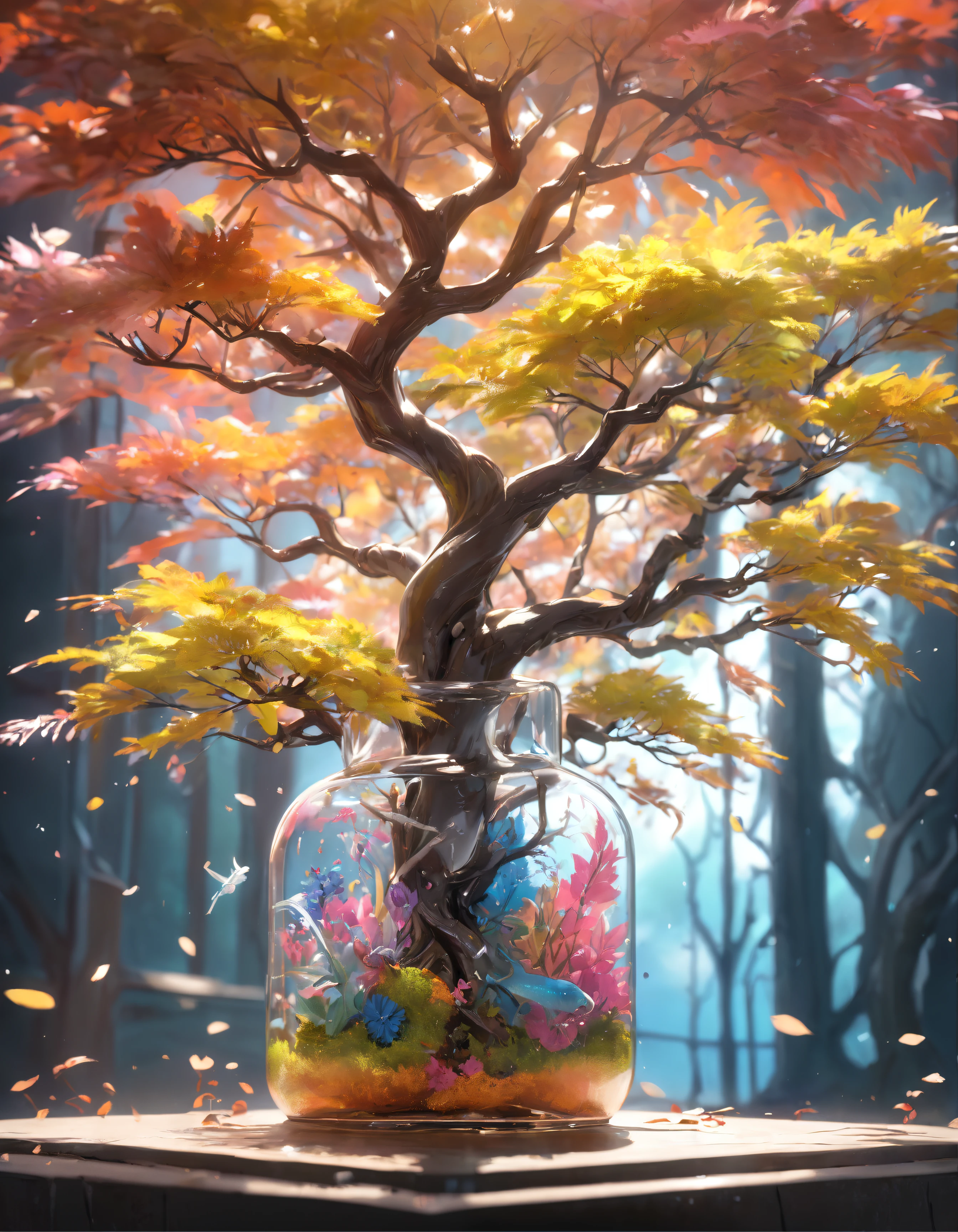 Dreamy art tree in bottle, fluffy, realistic, photo, canon, dreamy, art, colorful leaves and branches, flowers blooming on the head. Ultra-detailed photorealism by Greg Rutkowski - H 1024 W 804 | f1 6 lens mark 2:2 s 3555mm film grain: 1 lifelike high resolution Sharp focus contrast!! Complex and detailed atmospheric light refraction lighting Unreal Engine 5 Cinematic Concept Photo Masterpiece Octane Render Rendered as a trend in CGSighbour