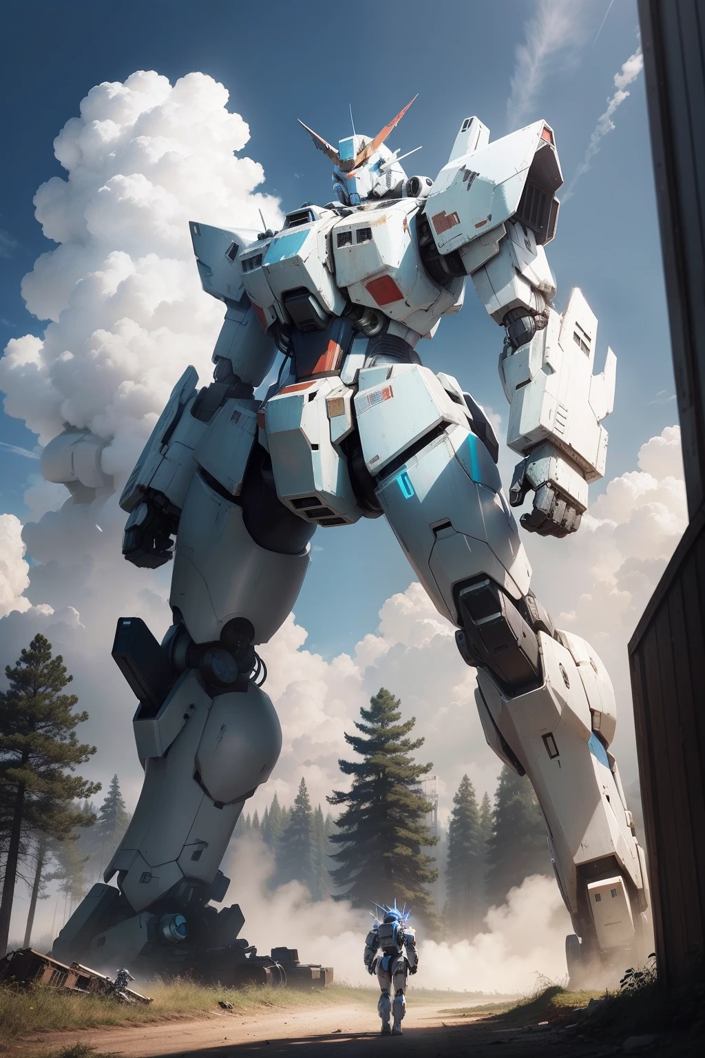 blue open sky、white clouds、Giant robot in front of abandoned building in forest, anime large mecha robot, Mobilesuit, White Mecha, cool mecha style, Mobilesuit