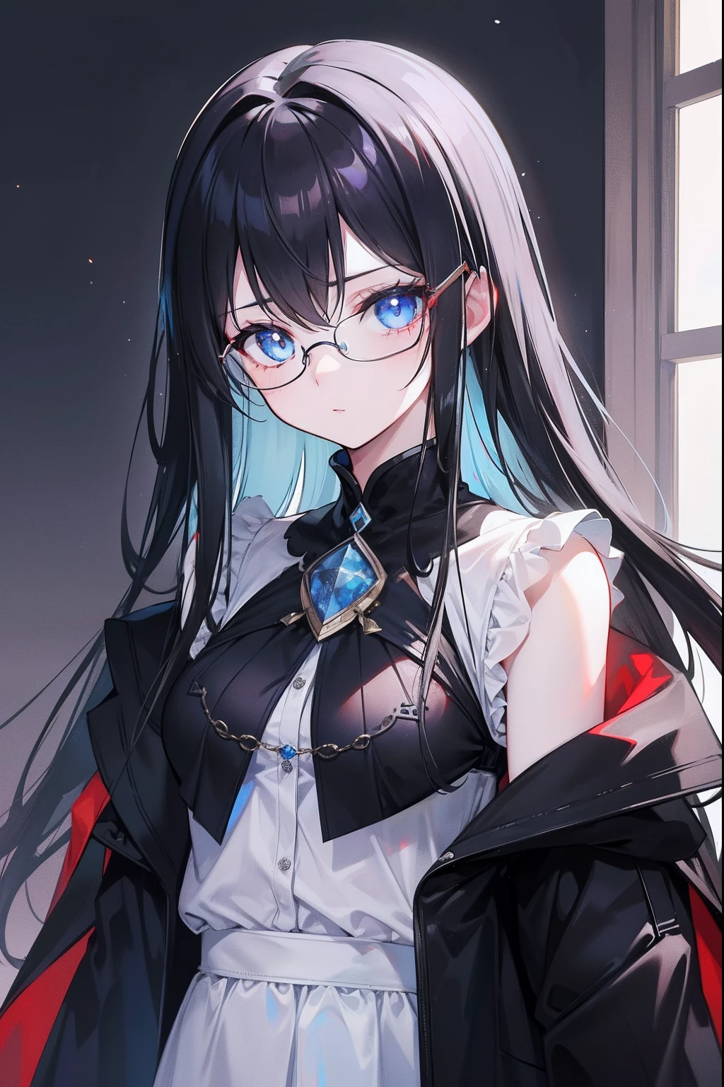 with dark hair and glasses，Powder-blue pupils，Clothes in black and white color，Vermilion threads interweave background，She is a very cunning royal sister goddess