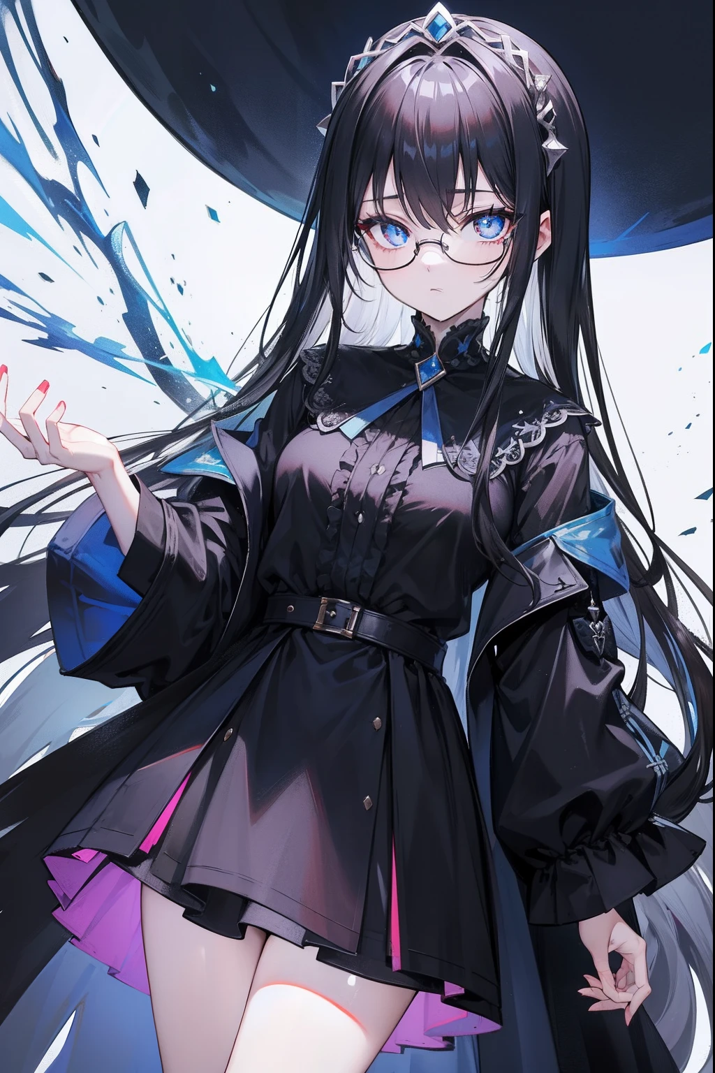 with dark hair and glasses,Powder-blue pupils,Clothes in black and white color,Vermilion threads interweave background,She is a very cunning royal sister goddess