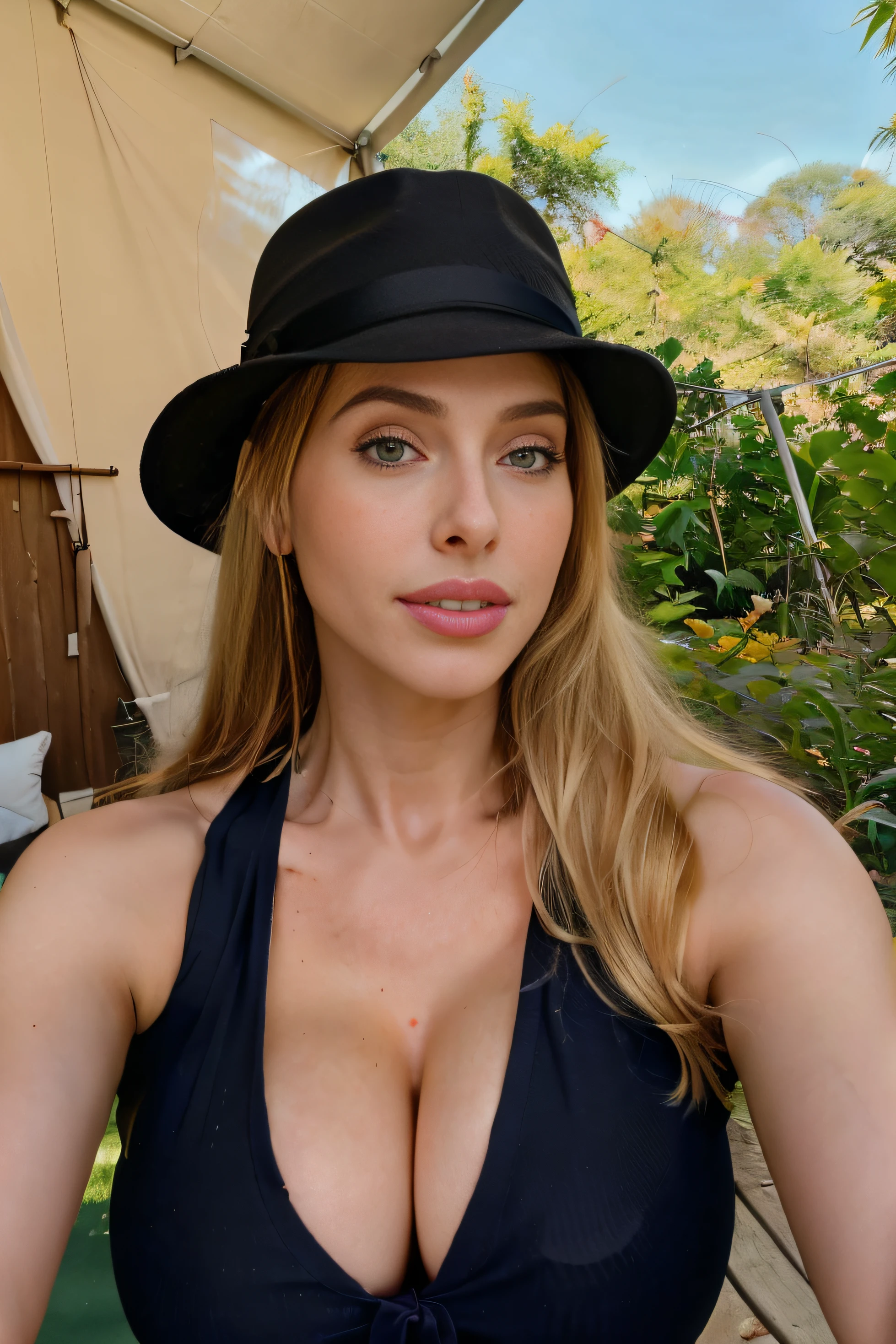 ((mulher loira) close view, selfie shot, fedora hat, blonde hair, Amouranth,  mais conhecido como Amouranth, jovem Amouranth bonito, in floweer camp, garden