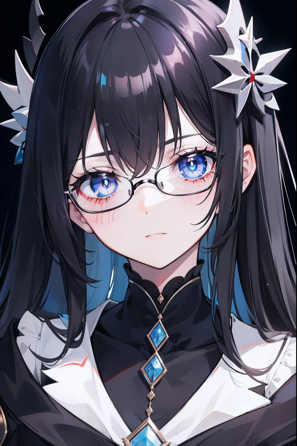 with dark hair and glasses，Powder-blue pupils，Clothes in black and white color，Vermilion threads interweave background，She is a very cunning royal sister goddess