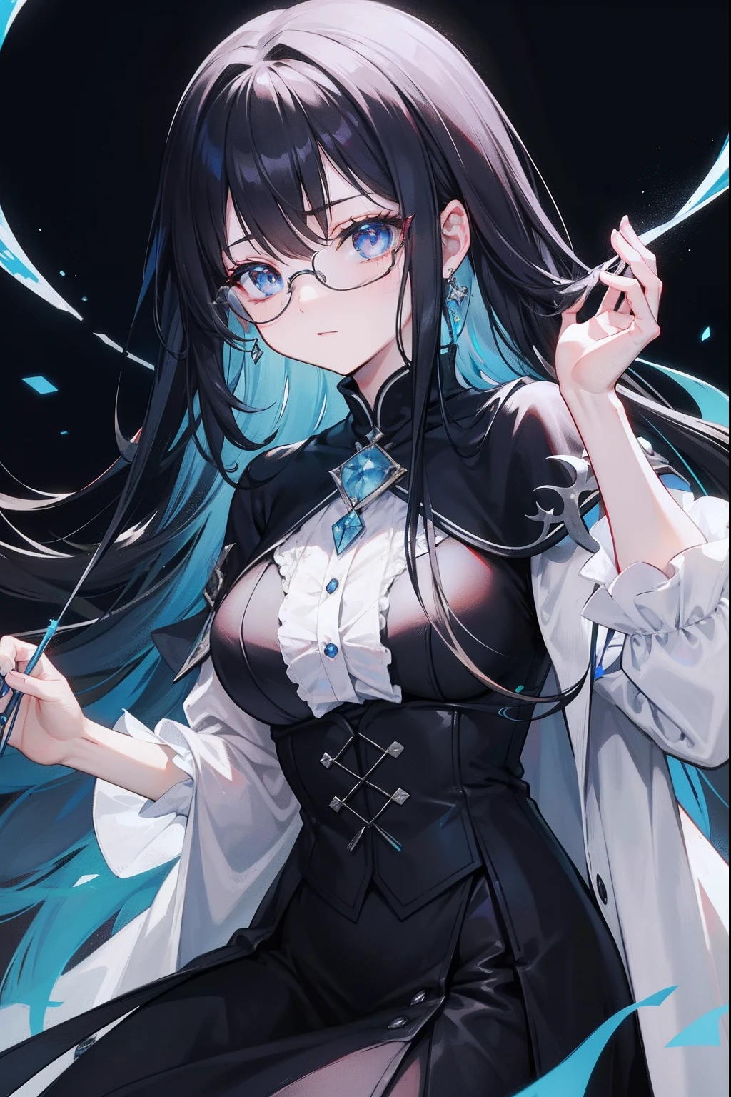 with dark hair and glasses,Powder-blue pupils,Clothes in black and white color,Vermilion threads interweave background,She is a very cunning royal sister goddess