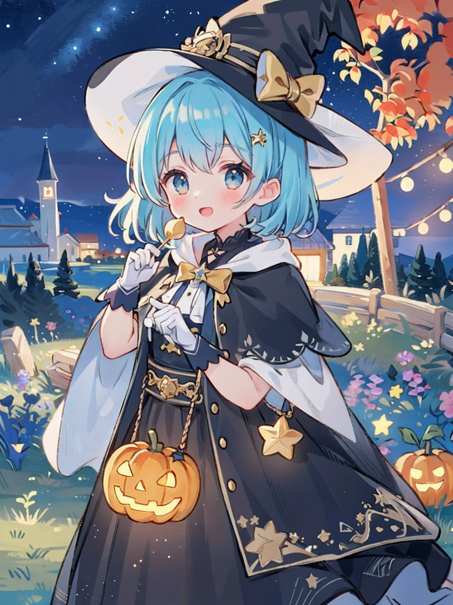 ((masterpiece:1.2, best quality)), 1girl, solo, (witch hat), a close up of a girl with curl hair, short hair, dress, aurora, night, star (sky), gloves, sky, dress, night sky, open mouth, starry sky, light blue eyes, ribbons, smile, cape, blue hair, magic, casting spell, night, (impressionism:1.4), alphonse mucha, Halloween colors, colorful candy