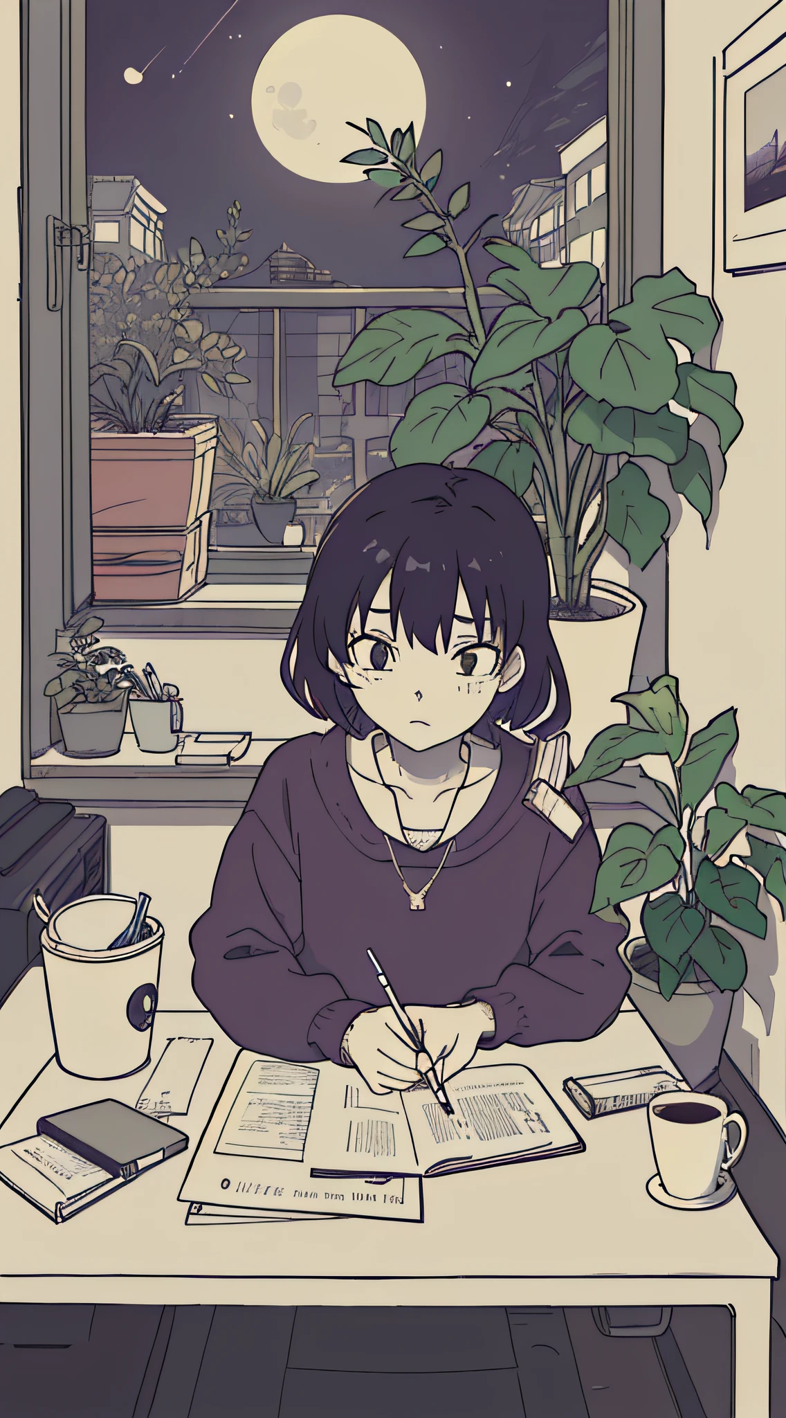 (masutepiece:1.5, Best Quality:1.5), ((Vaporwave Style, partially coloring)),In a cozy Japanese-style room, Girl studying diligently at desk alone,dim room,Stylish warm lighting, Coffee on the desk,I can see the moon from the window,Room decorated with plants