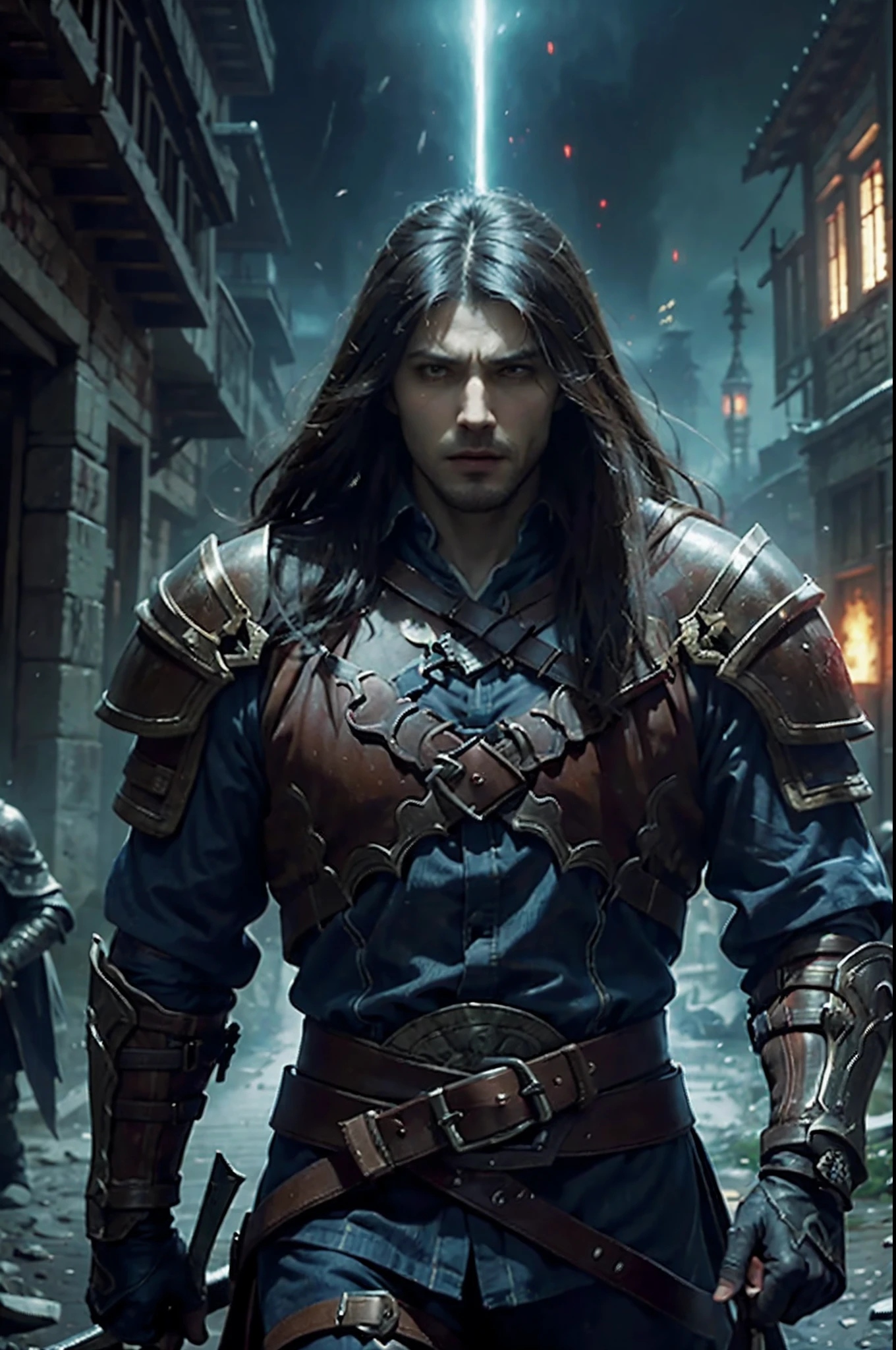 Castlevania's legendary war battle: Lords of Shadow in a dynamic work. Illustrer le choc des forces surnaturelles, The value of the hero, and the impending darkness enveloping the battlefield. Let the art convey the raw emotions and intricate details of this pivotal moment in the game's hyper realistic super detailed super detailed sharp details high resolution
