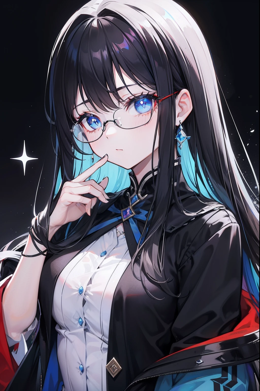 with dark hair and glasses,Powder-blue pupils,Clothes in black and white color,Vermilion threads interweave background,She is a very cunning royal sister goddess