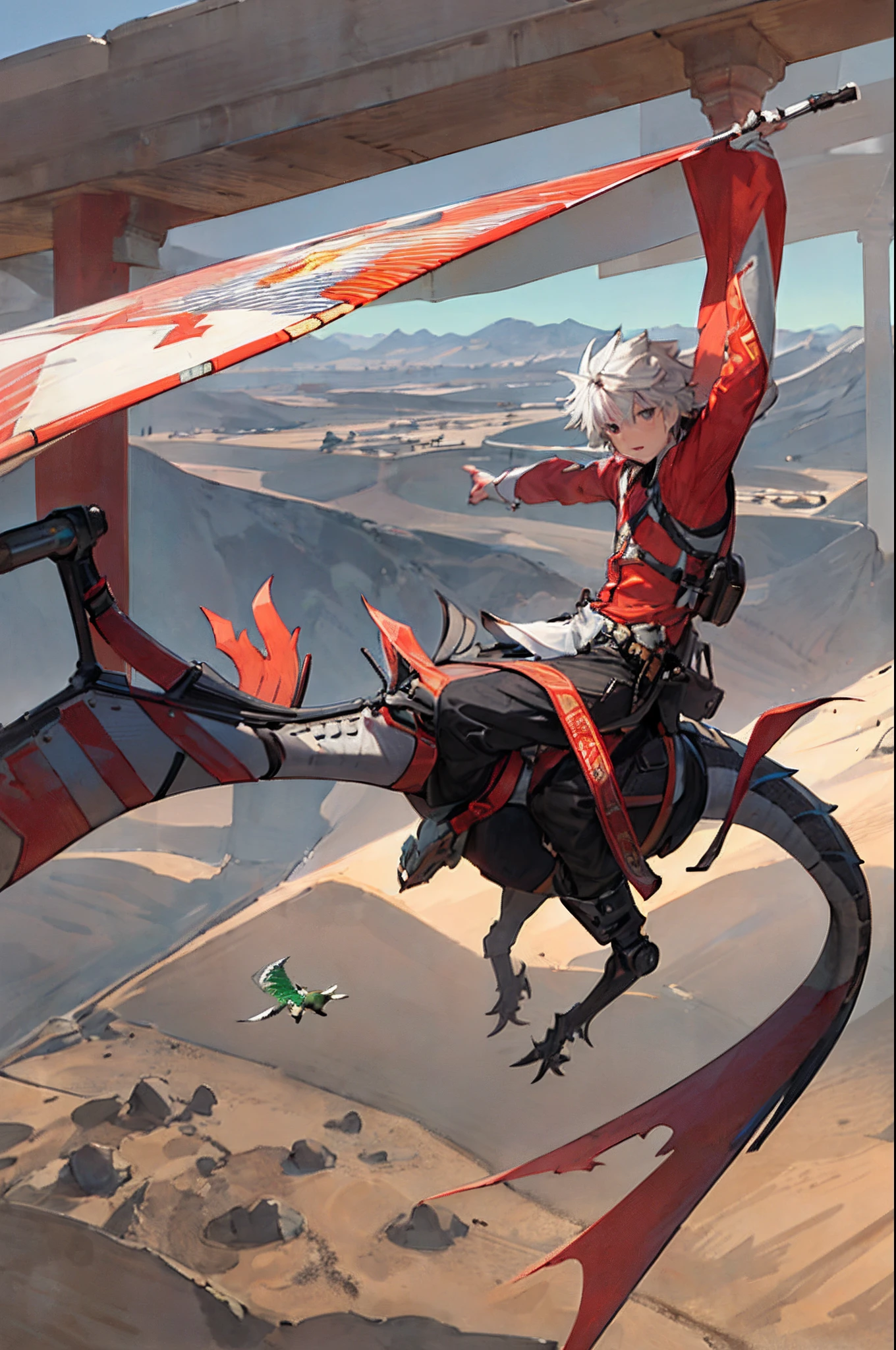 A boy dressed simply riding on a silver-white sacred flying dragon(Biodragon,Not a mechanical plane)Fly over the desert on your back,Visible to the whole,Tilt the perspective of view,Simple manga strokes