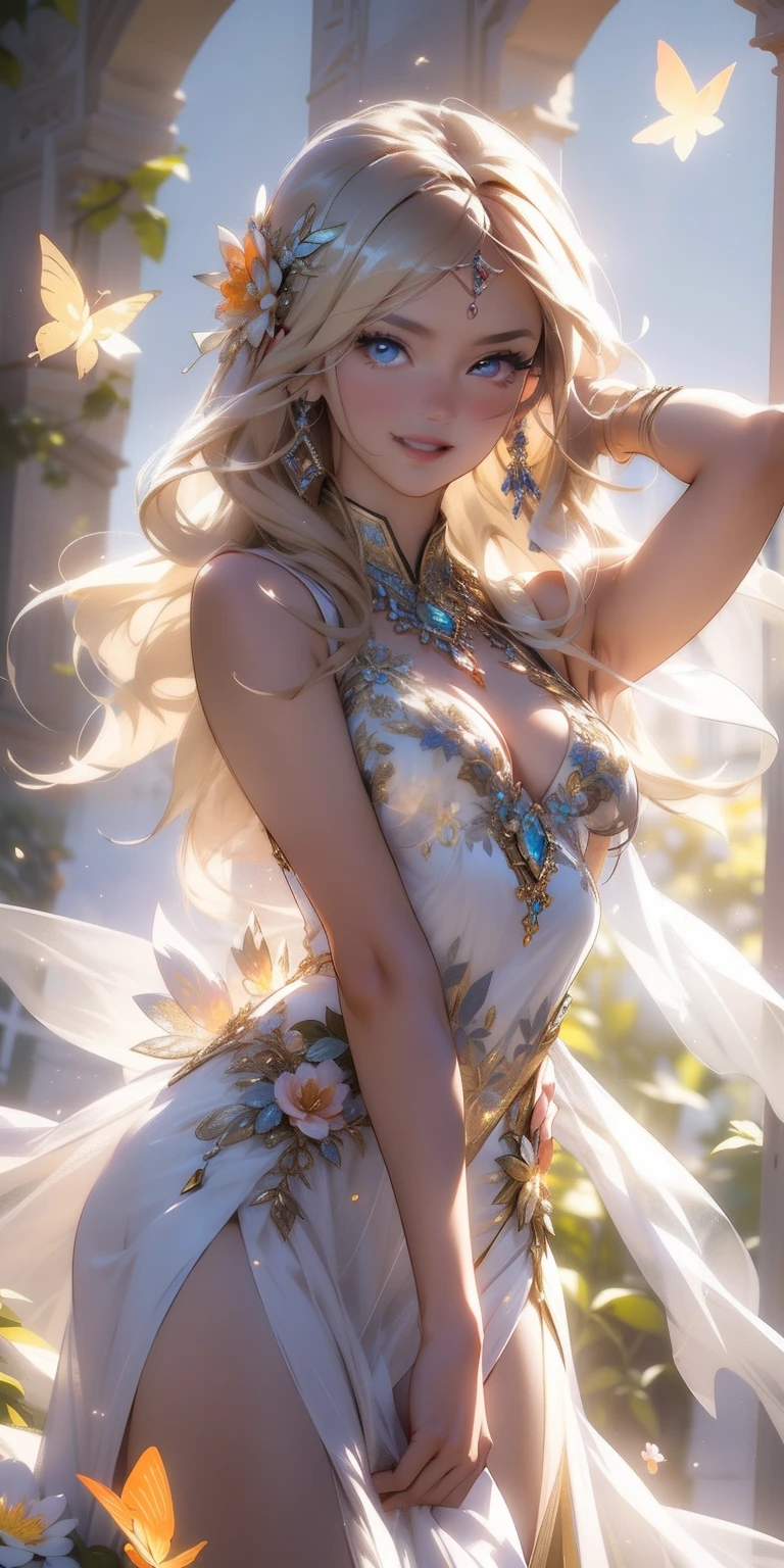 Maxima resolution 4k, (8k), Beautiful woman, flower princess, flower queen, cheerful expression, beautiful colored eyes, beautiful exotic figure, transparent dress moved by the wind butterflies in the air, Dream Field Fund, spring light , natural lighting