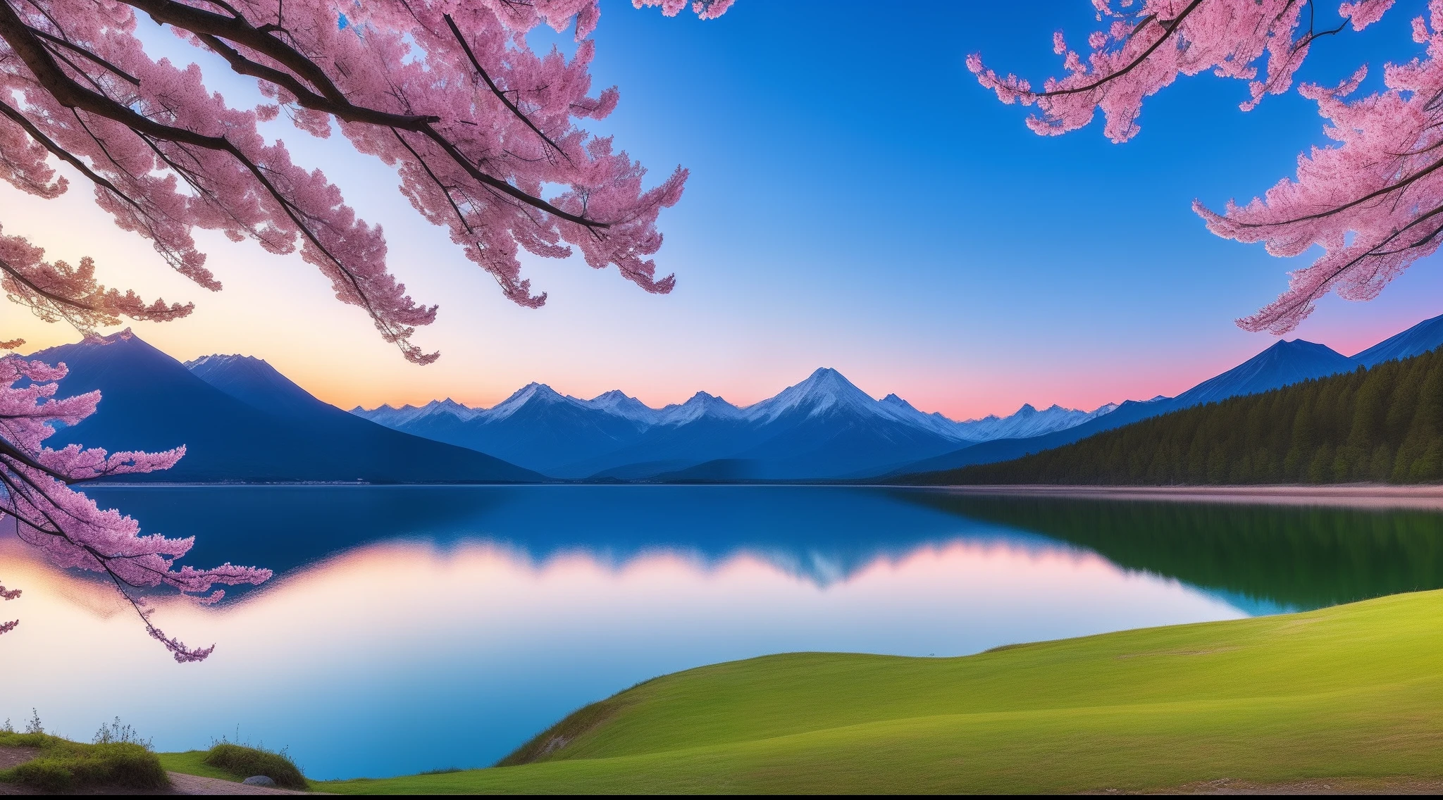 best quality,masterpiece,dusk,soft light(scene:mountain,lake),Cherry blossom trees,