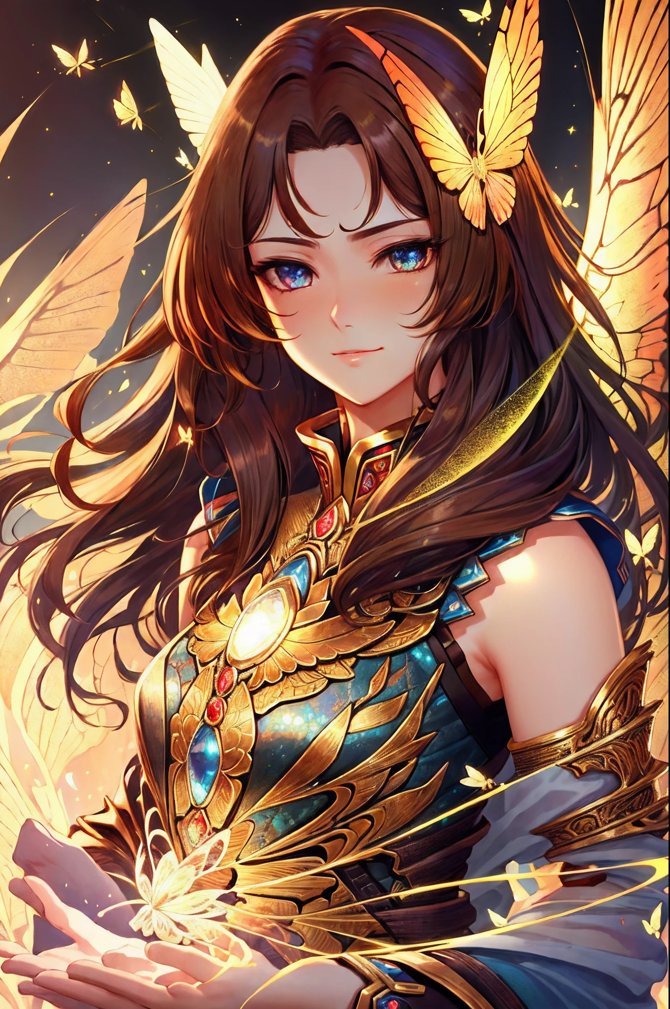 8k portrait of beautiful cyborg with brown hair, intricate, elegant, highly detailed, majestic, digital photography, art by artgerm and ruan jia and greg rutkowski surreal painting gold butterfly filigree, broken glass, (masterpiece, sidelighting, finely detailed beautiful eyes: 1.2), hdr, Prompt yoinked from Dreamshaper 6, please support Lykon <3