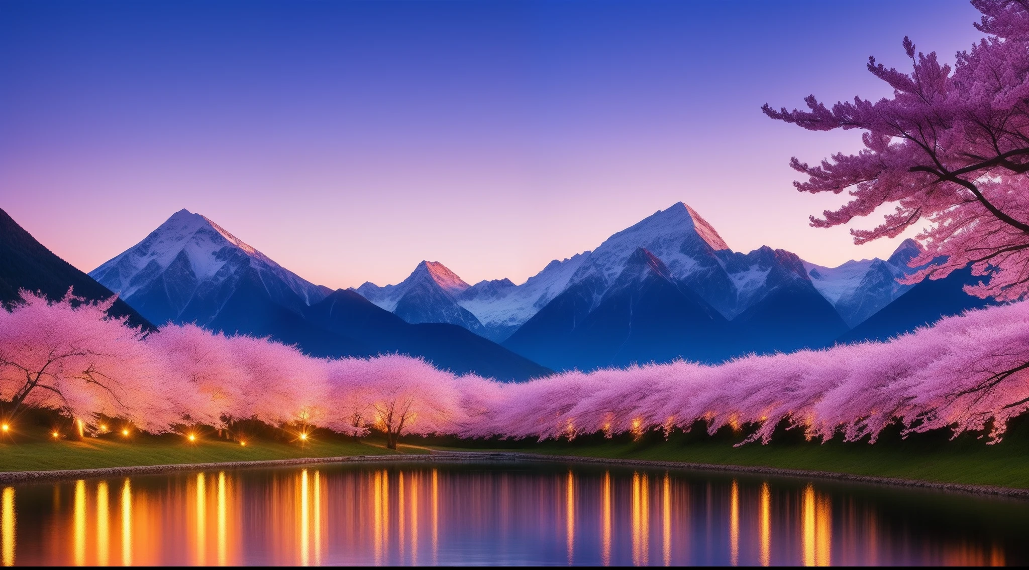 best quality,masterpiece,dusk,soft light(scene:mountain,lake),Cherry blossom trees,