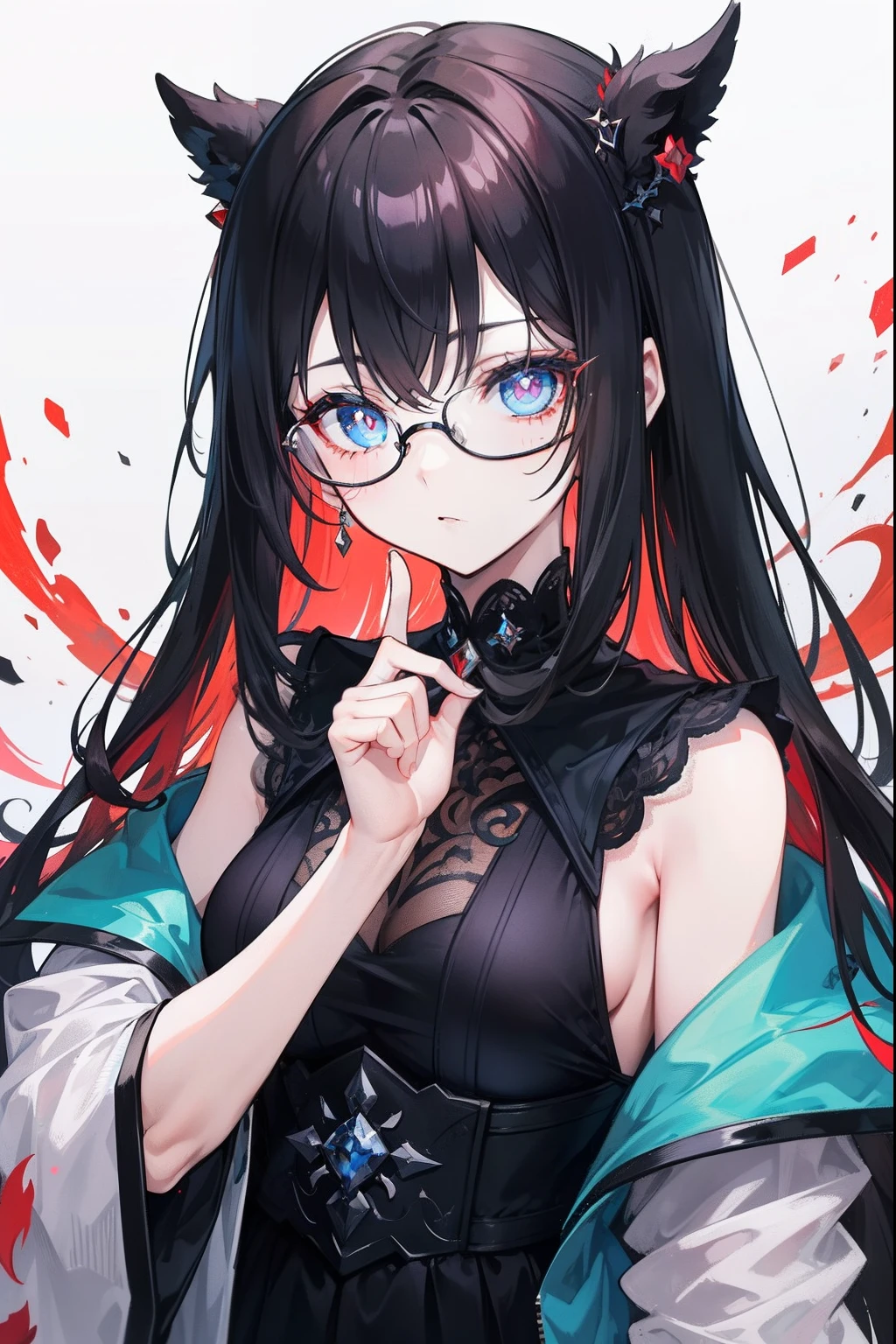 with dark hair and glasses,Powder-blue pupils,Clothes in black and white color,Vermilion threads interweave background,She is a very cunning royal sister goddess