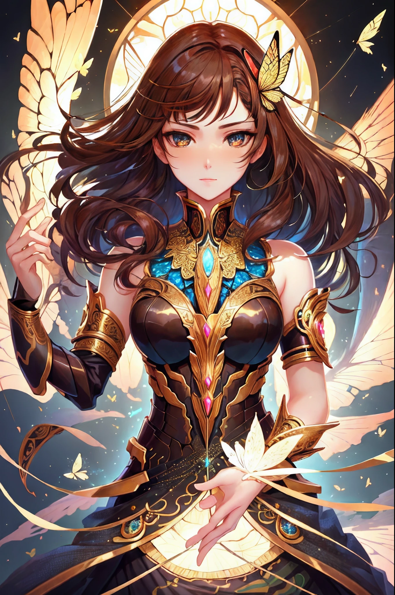 8k portrait of beautiful cyborg with brown hair, intricate, elegant, highly detailed, majestic, digital photography, art by artgerm and ruan jia and greg rutkowski surreal painting gold butterfly filigree, broken glass, (masterpiece, sidelighting, finely detailed beautiful eyes: 1.2), hdr, Prompt yoinked from Dreamshaper 6, please support Lykon <3