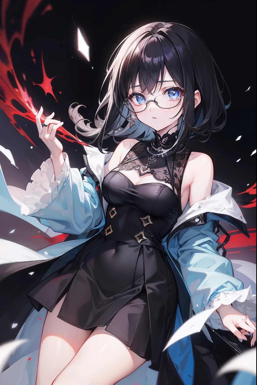 with dark hair and glasses，Powder-blue pupils，Clothes in black and white color，Vermilion threads interweave background，She is a very cunning royal sister goddess