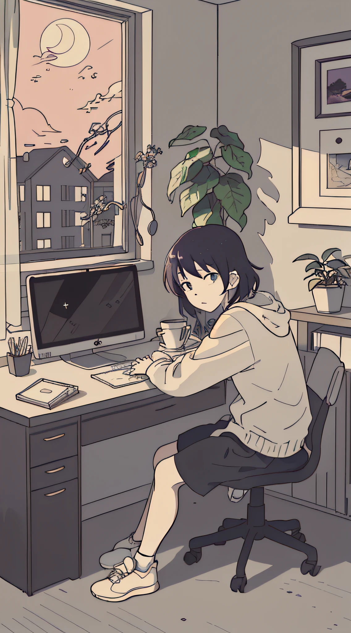 (masutepiece:1.5, Best Quality:1.5), ((Vaporwave Style, partially coloring)),In a cozy apartment, Girl studying diligently at desk alone,dim room,Stylish warm lighting, Coffee on the desk,I can see the moon from the window,Room decorated with plants