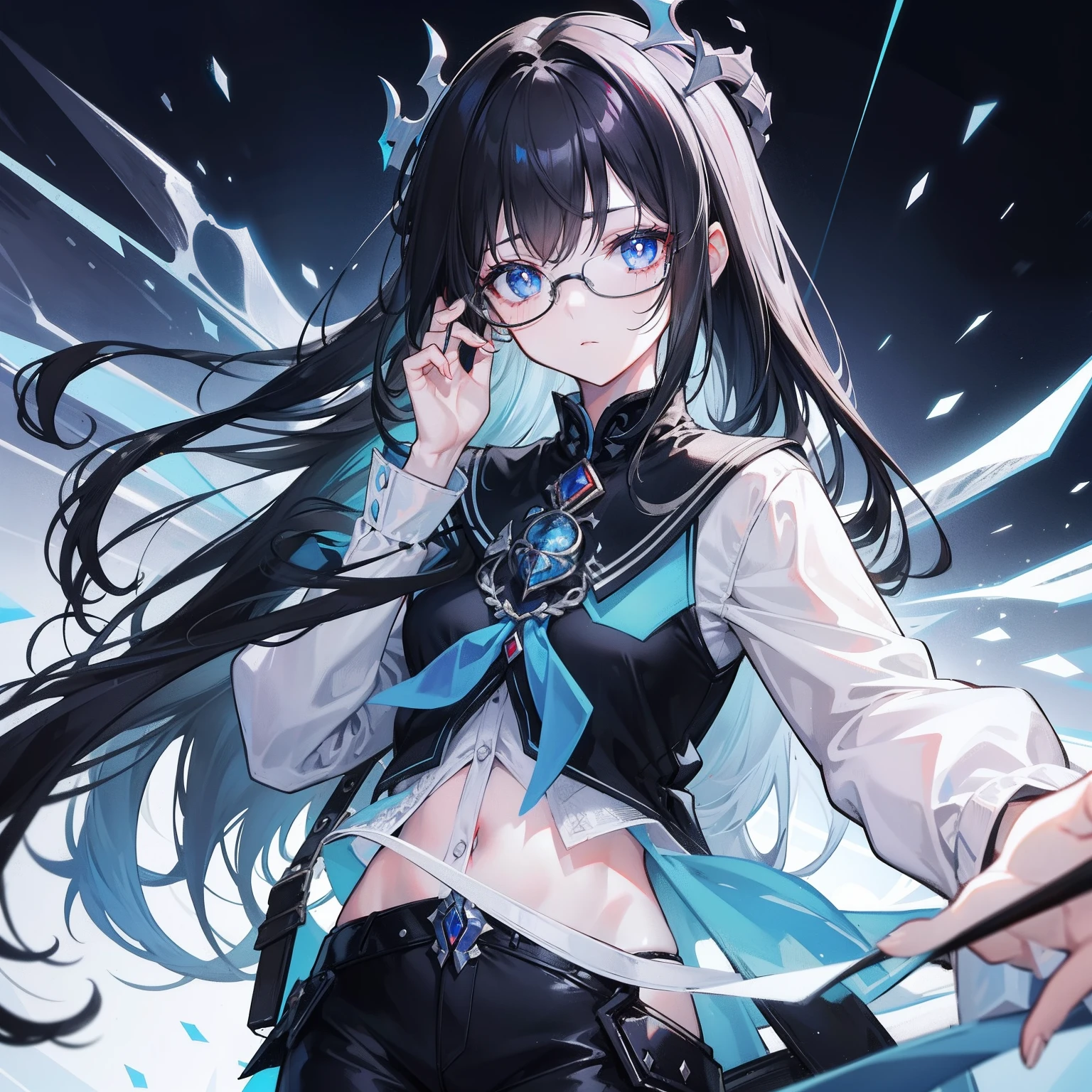 with dark hair and glasses,Powder-blue pupils,Clothes in black and white color,Vermilion threads interweave background,It is a very deceitful royal sister goddess