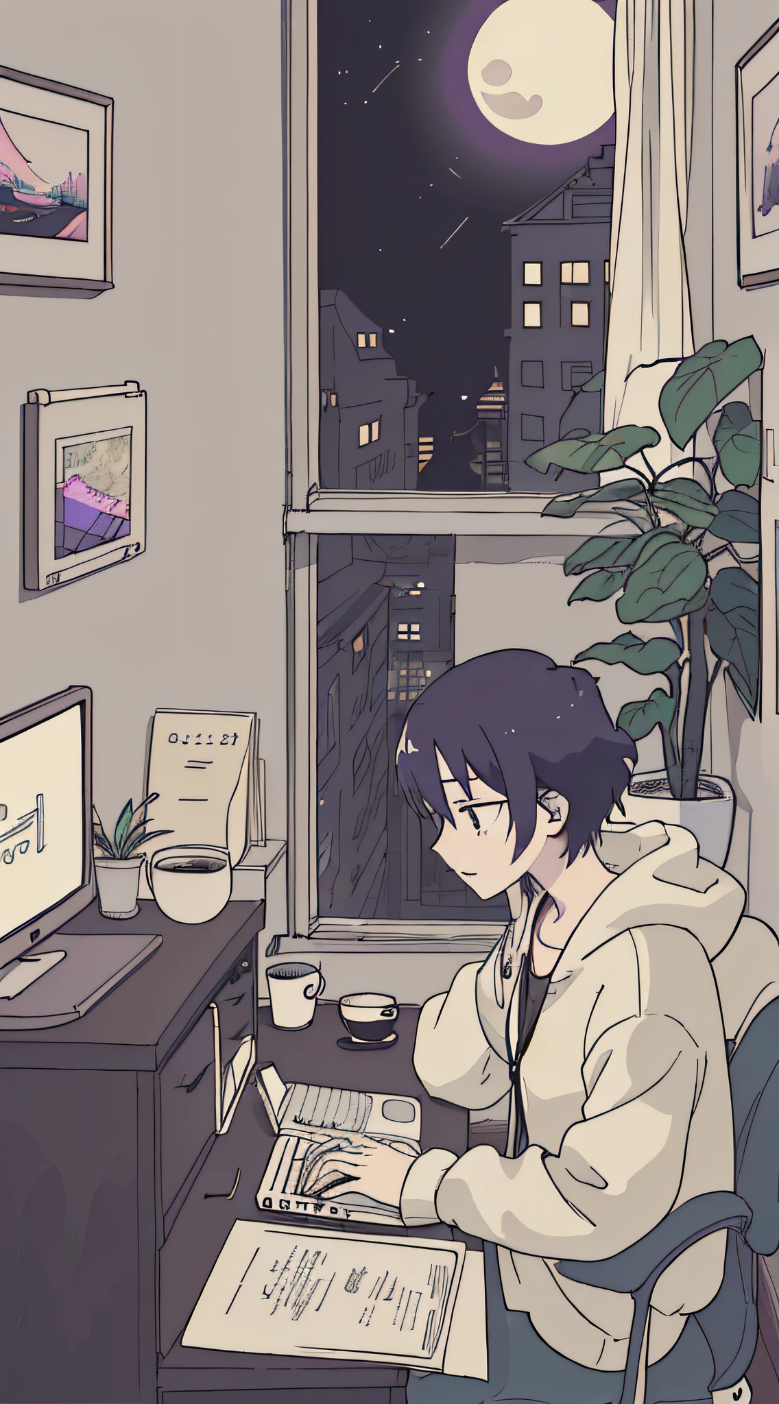 (masutepiece:1.5, Best Quality:1.5), ((Vaporwave Style, partially coloring)),In a cozy apartment, Girl studying diligently at desk alone,dim room,Stylish warm lighting, Coffee on the desk,I can see the moon from the window,Room decorated with plants