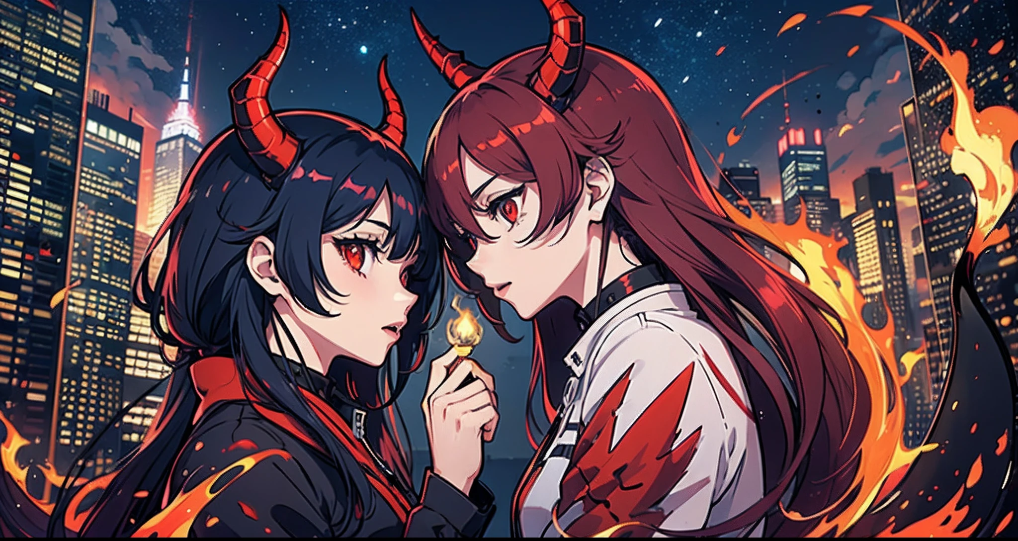 demon, twins, torch, red skin, forked tail, new york nightsky, anime style --auto --s2